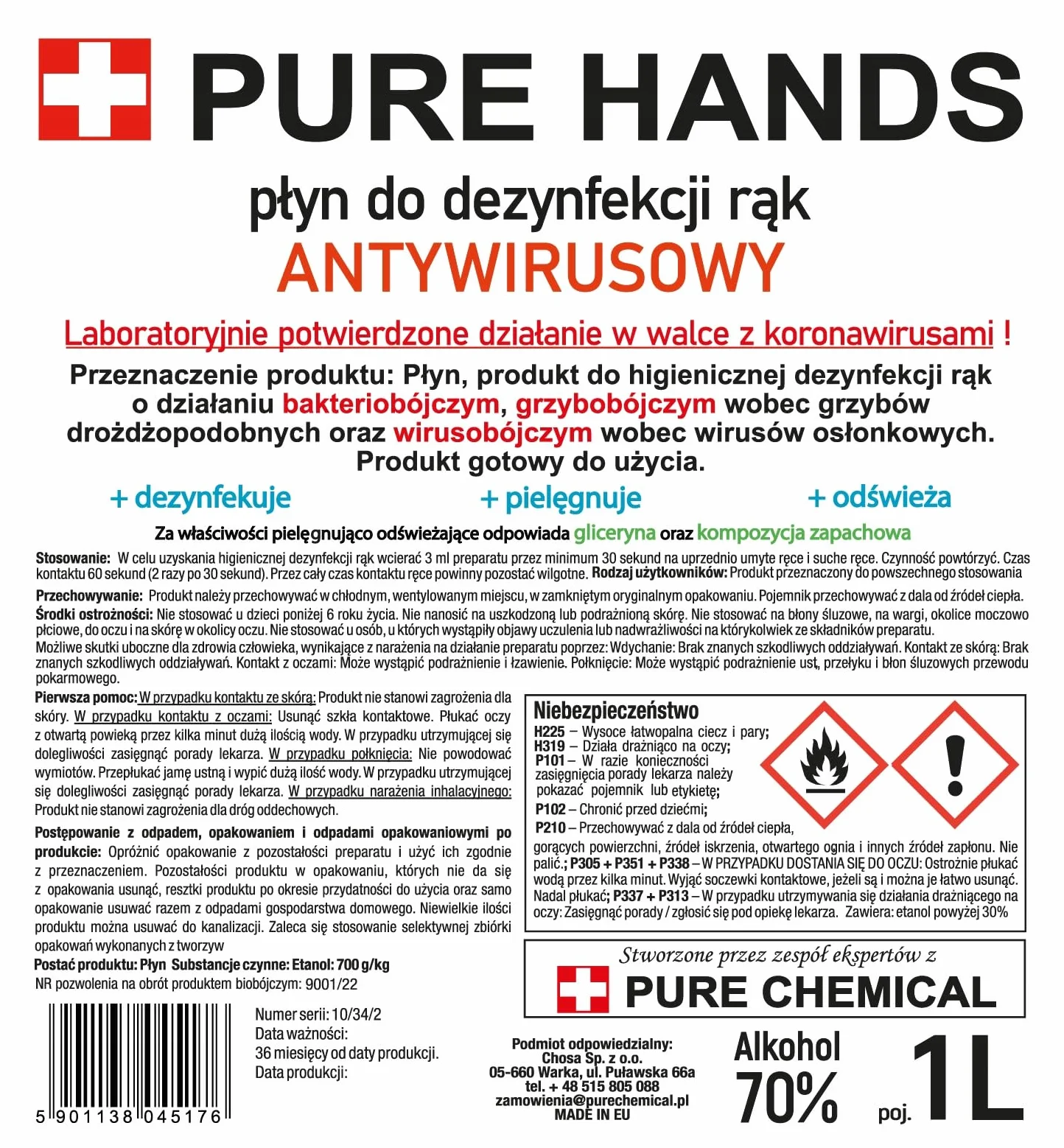 Płyn Do Dezynfekcji Rąk I Skóry Pure Hands 70% (1L)