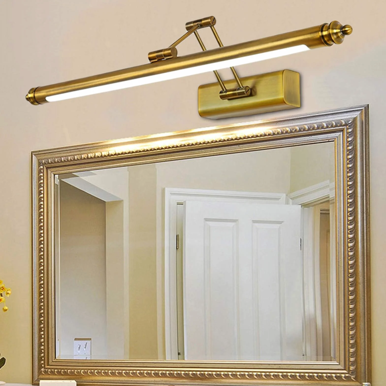 Mosiężna lampa łazienkowa w stylu retro, nad lustro, regulowana, z metalową podstawą, w stylu vintage, 3000 K, ciepła biel, lampa ścienna do wnętrz, antyczna, do szafki z lustrem, 50 cm/8 W