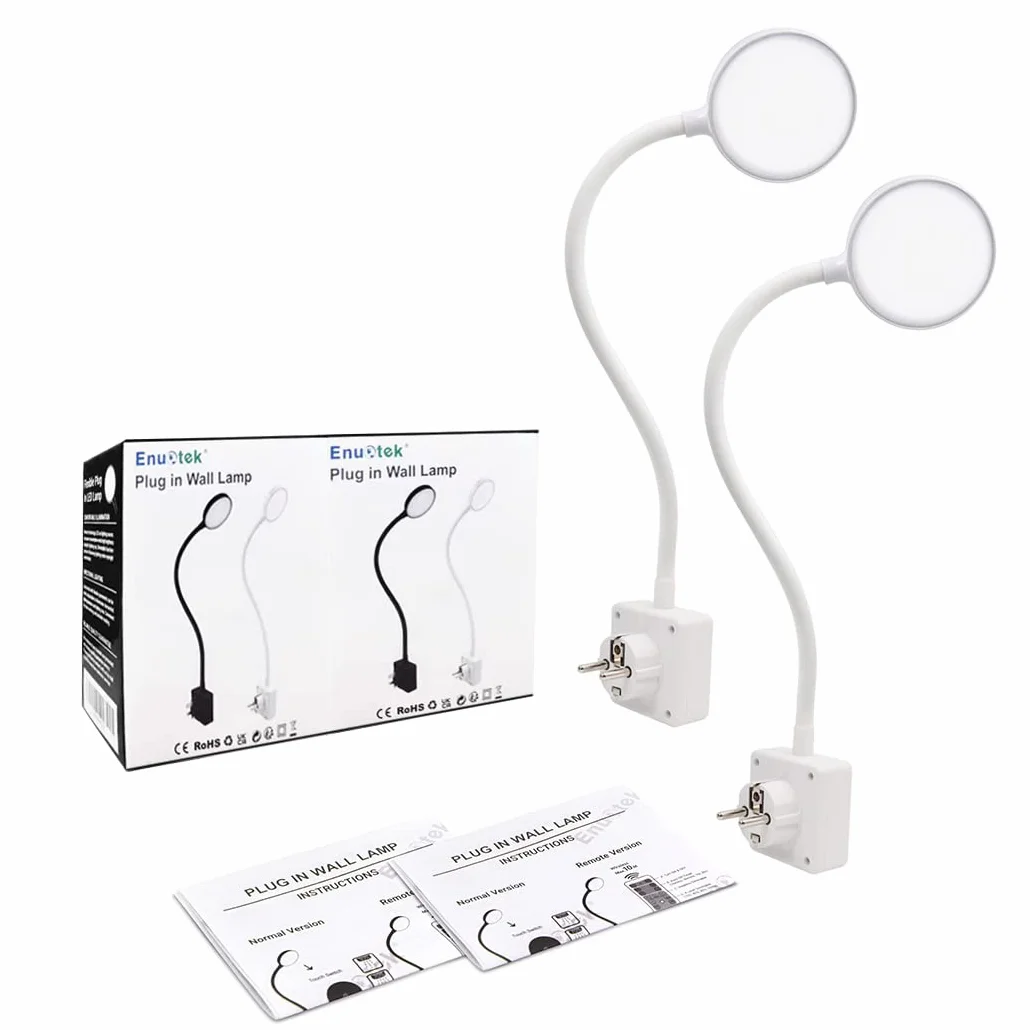 ENUOTEK Lampa LED do czytania z białym gniazdem przy łóżku 4 W, montowana na ścianie, z dotykowym ściemniaczem 350 lm, oświetlenie sypialni, 2 lampki
