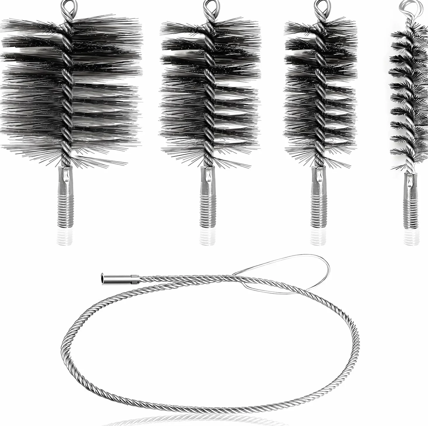 5 szt. szczotki do rur piecowych 150 mm, 80 mm, 50 mm, 30 mm, szczotka kominkowa zamiennik szczotki kominiarskiej, szczotka kominiarska ze stali nierdzewnej do czyszczenia rur piecowych i kominów.