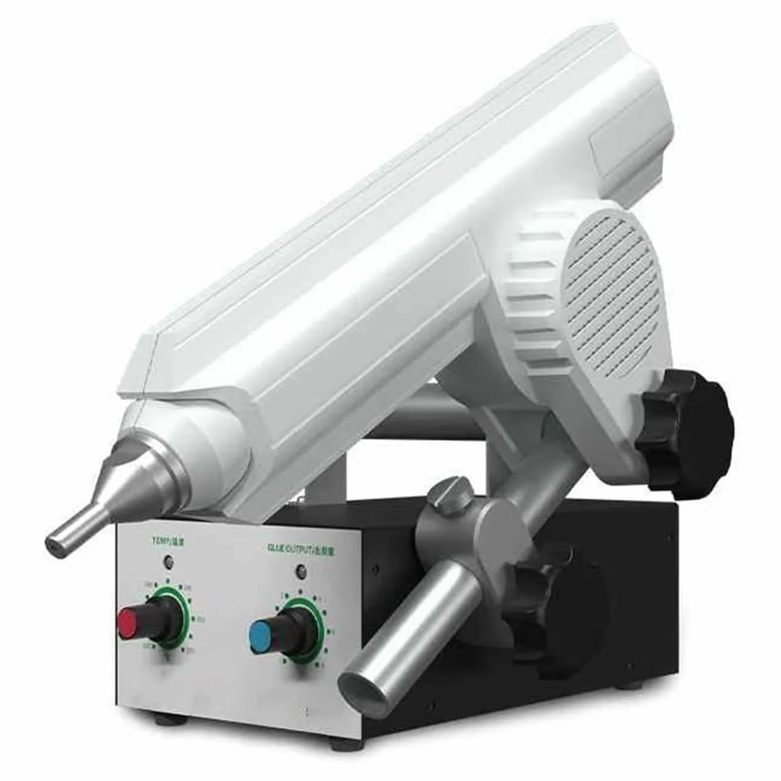Profesjonalny pistolet do klejenia na gorąco, zasilany stopą, z automatycznym podawaniem, regulowana prędkość i temperatura (200-250°C), precyzyjna dysza 2,6 mm do uszczelniania i pakowania kartonów