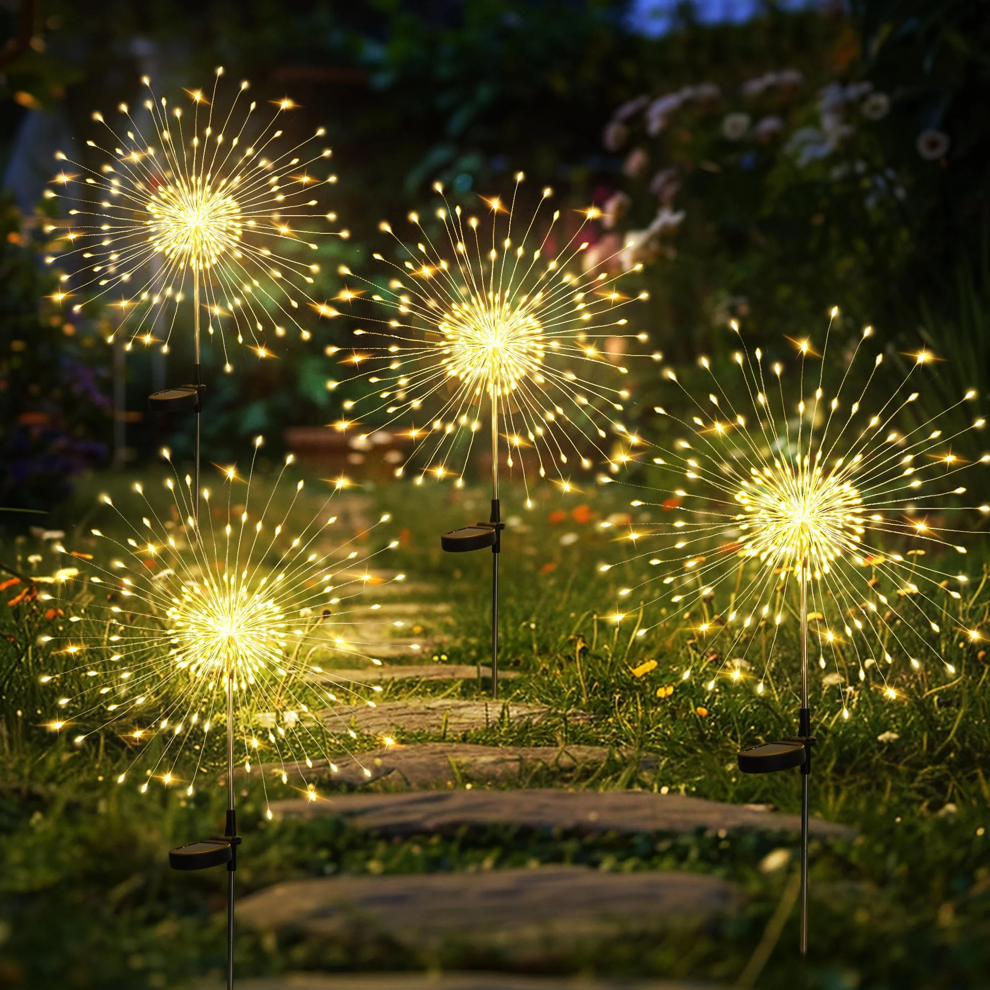 GIGALUMI Lampy solarne na zewnątrz, do ogrodu, solarne światła fajerwerki, 120 diod LED, 4 opakowania, światło starburst, wodoodporne, na podwórko, trawnik, imprezę, patio, dekoracja ślubna (ciepła