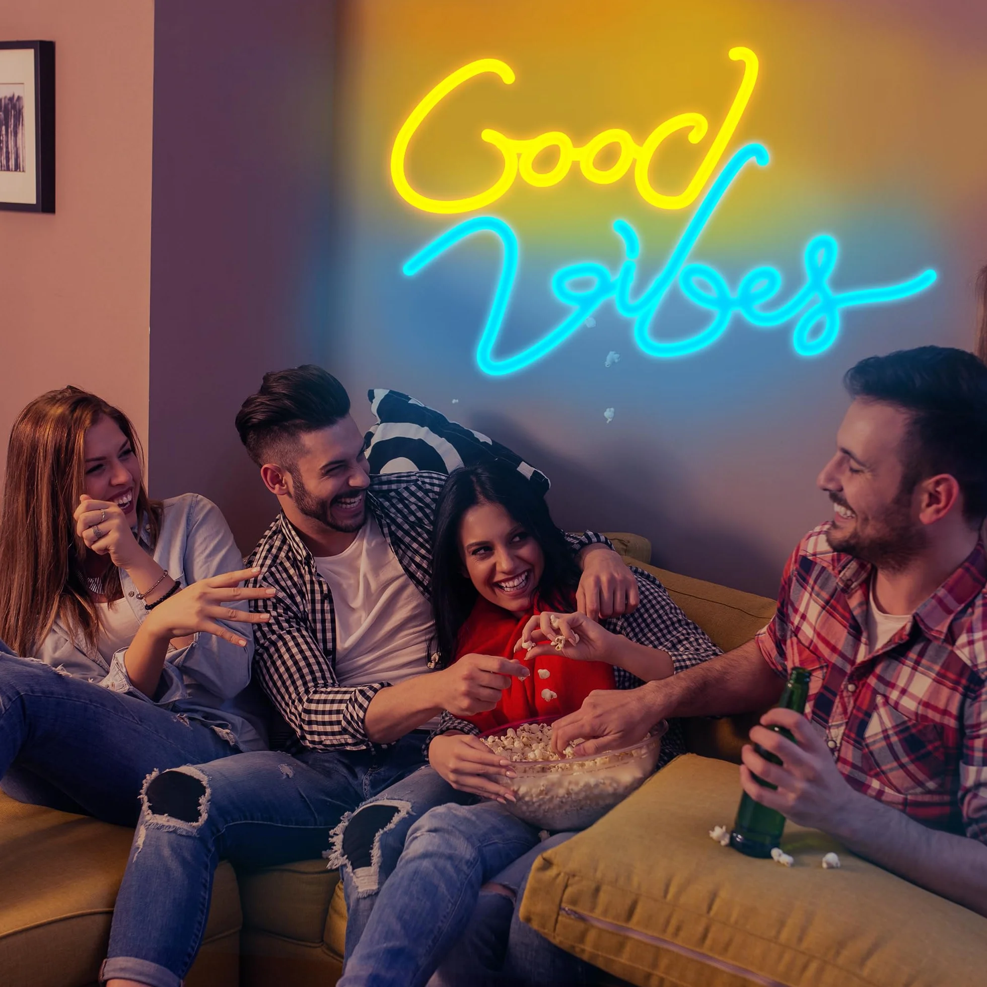 Eufrozy Neonowy znak świetlny Good Vibes, 43 x 28 cm, LED, napisana litera, sztuka ścienna, z przełącznikiem zasilanym przez USB, neonowa dekoracja do sypialni, baru, pubu, hotelu, klubu nocnego, na