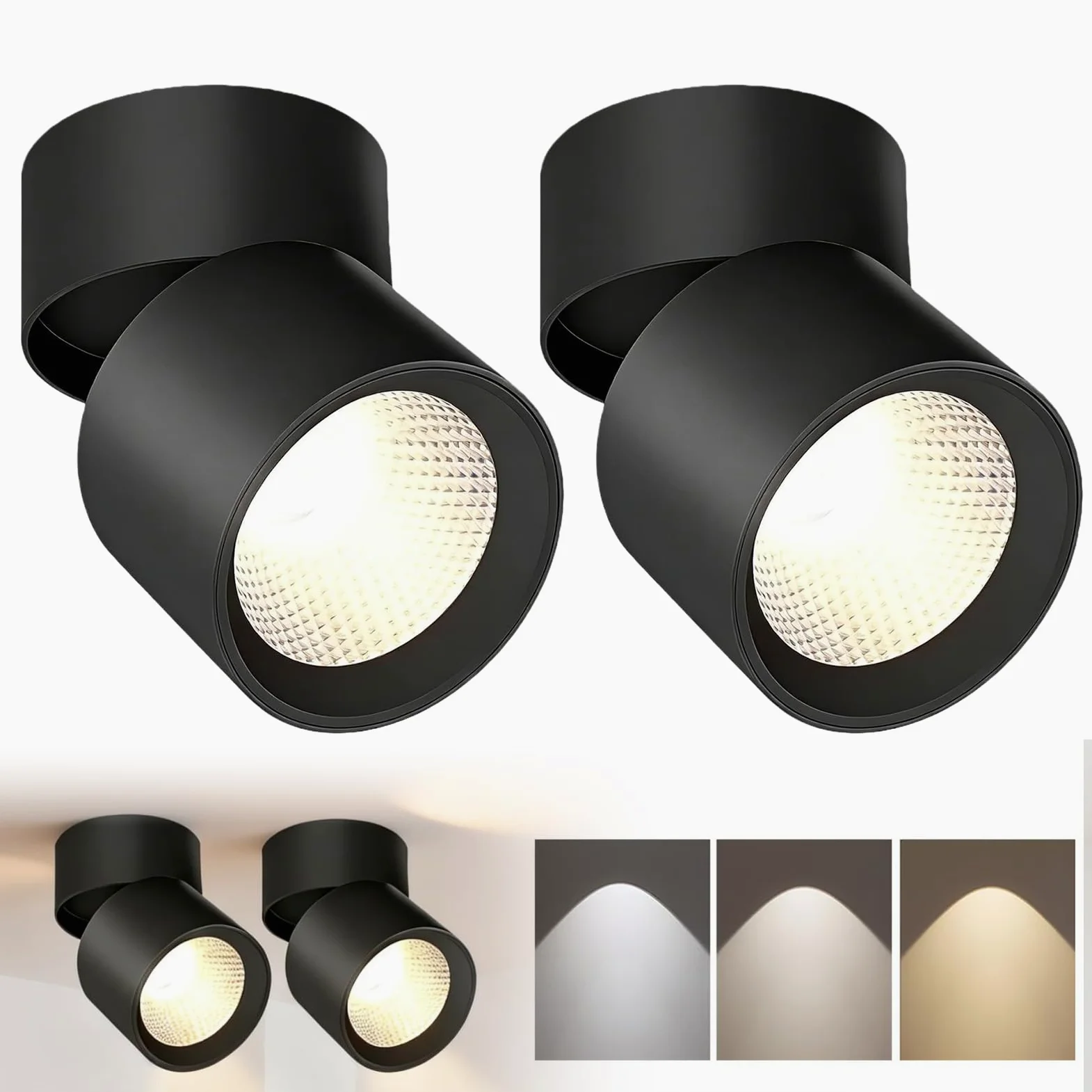 2-częściowy reflektor sufitowy LED, obrotowy reflektor sufitowy 7 W, składana lampa sufitowa, światło trzykolorowe, Ø78 × 100 mm, czarna