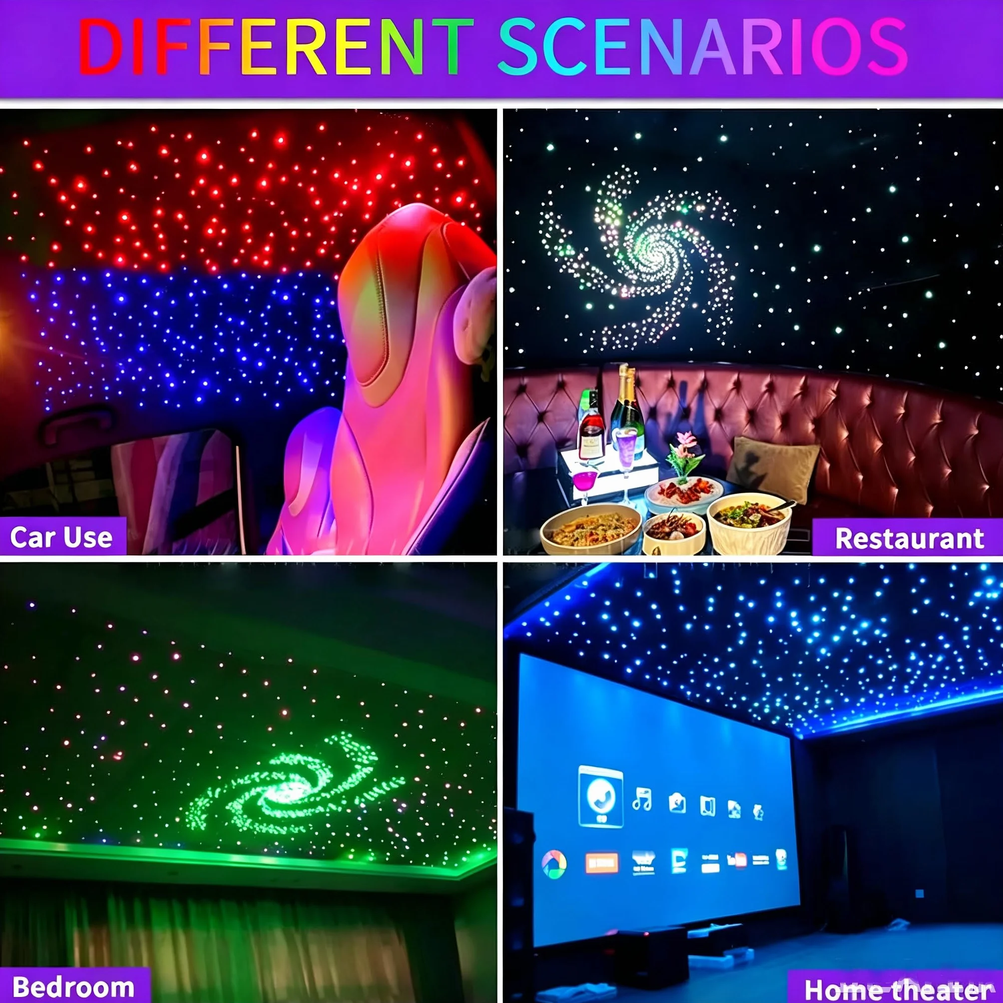 Twinkle LED gwiaździste niebo zestaw włókien świetlnych 32 W, 1100 x 0,75 mm x 4 m, podwójny port, aplikacja / pilot zdalnego sterowania do samochodu, domu, na imprezę, migoczące oświetlenie