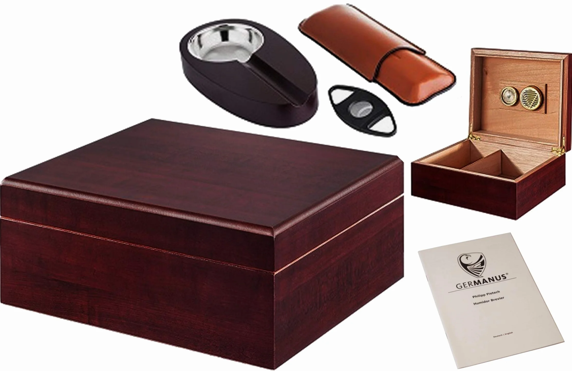 GERMANUS Humidor Cigars Brązowy Zestaw z Nożem Etui Popielniczkę