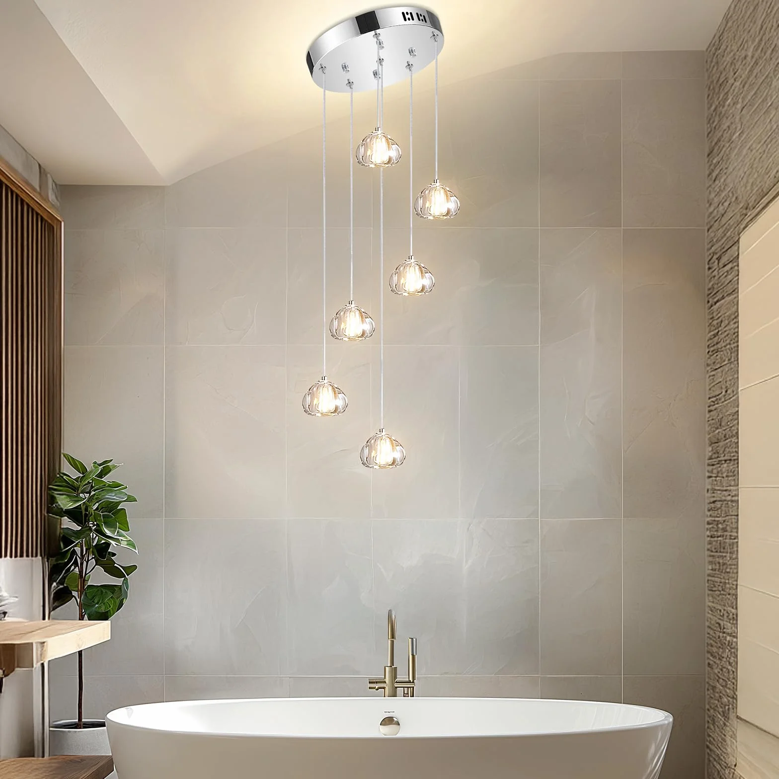H.W.S Nowoczesna lampa wisząca LED, żyrandol Villa, regulowana wysokość, lampa wisząca szkło, do salonu, jadalni, przedpokoju, schodów, hotelu (6-punktowa, Okrągła, Chrom)