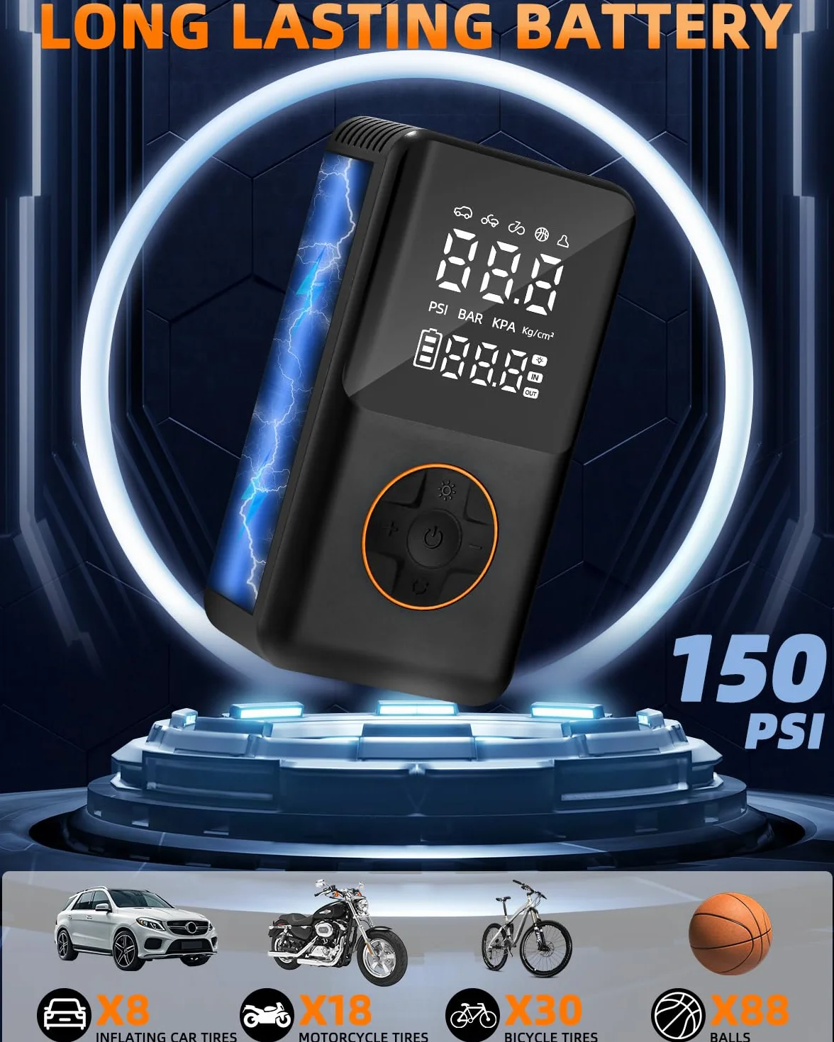 Przenośna sprężarka powietrza,Samochodowa sprężarka powietrza 150PSI,4000mAh Mini elektryczna rowerowa pompka powietrza z latarką LED,do Samochodów, Motocykli,Rowerów i Piłek