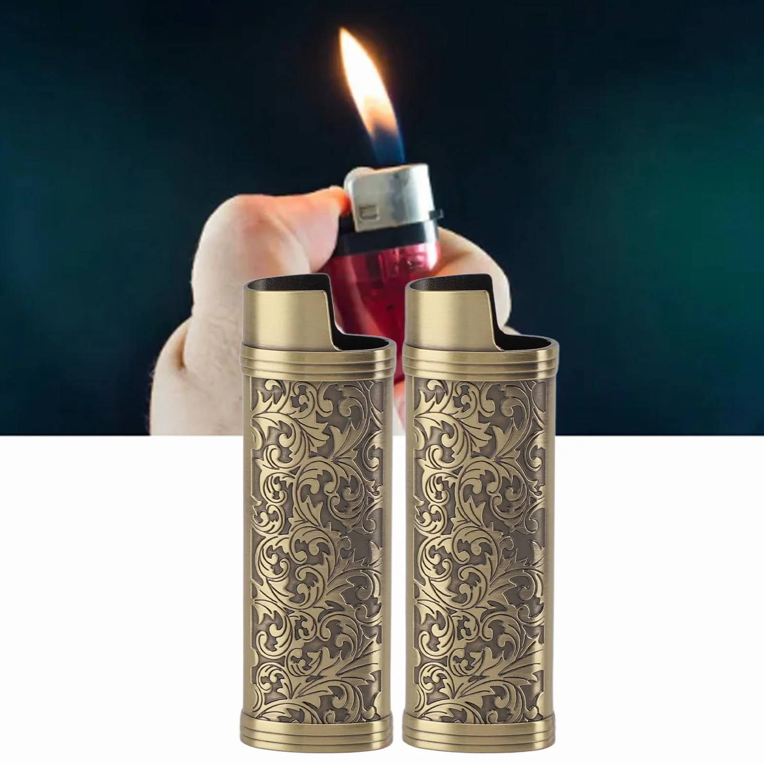 2 Szt. Metalowe Etui na Zapalniczkę z Wytłoczonym Kwiatem w Stylu Vintage, Etui na Zapalniczkę ze Stopu Cynku, Pokrowiec na Zapalniczkę w Stylu Vintage do Ochrony Zapalniczki