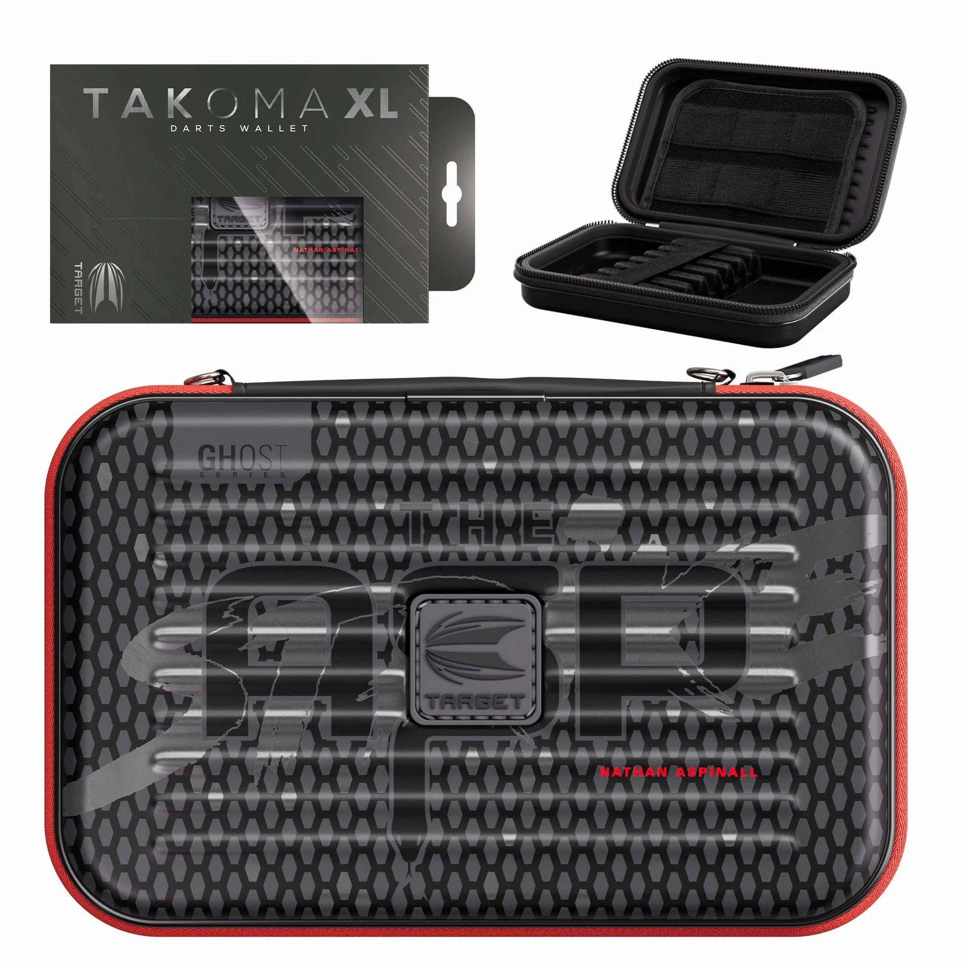 Target Darts Nathan Aspinall Ghost Series XL Takoma Wallet – “The Asp” profesjonalne etui na 6 zmontowanych rzutek, zamek błyskawiczny, trwałe czarno-białe akcesoria do przechowywania.