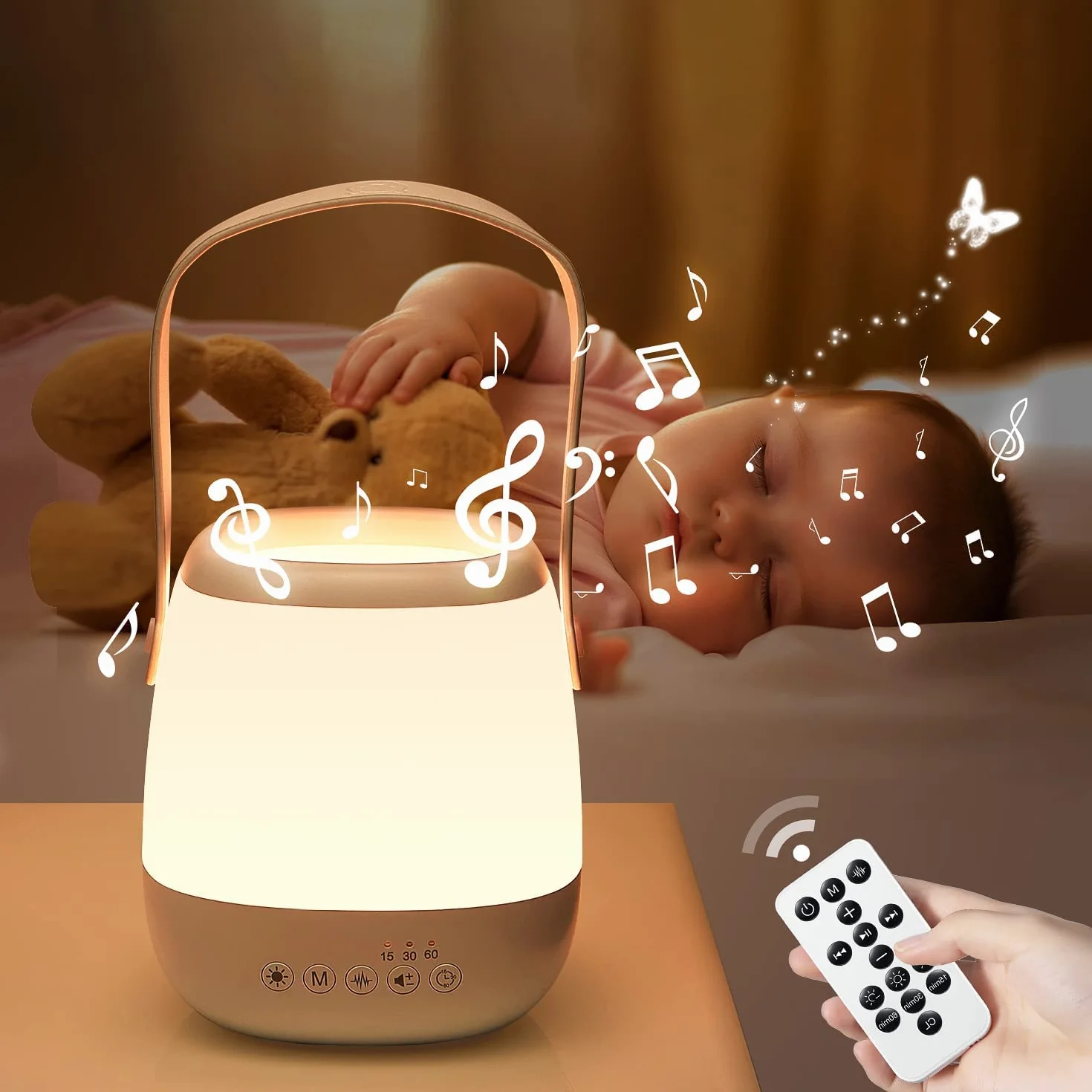 One Fire Lampka nocna dla niemowląt z funkcją ściemniania, 12 dźwiękami, 16 kolorami + automatyczny timer, pomoc w zasypianiu