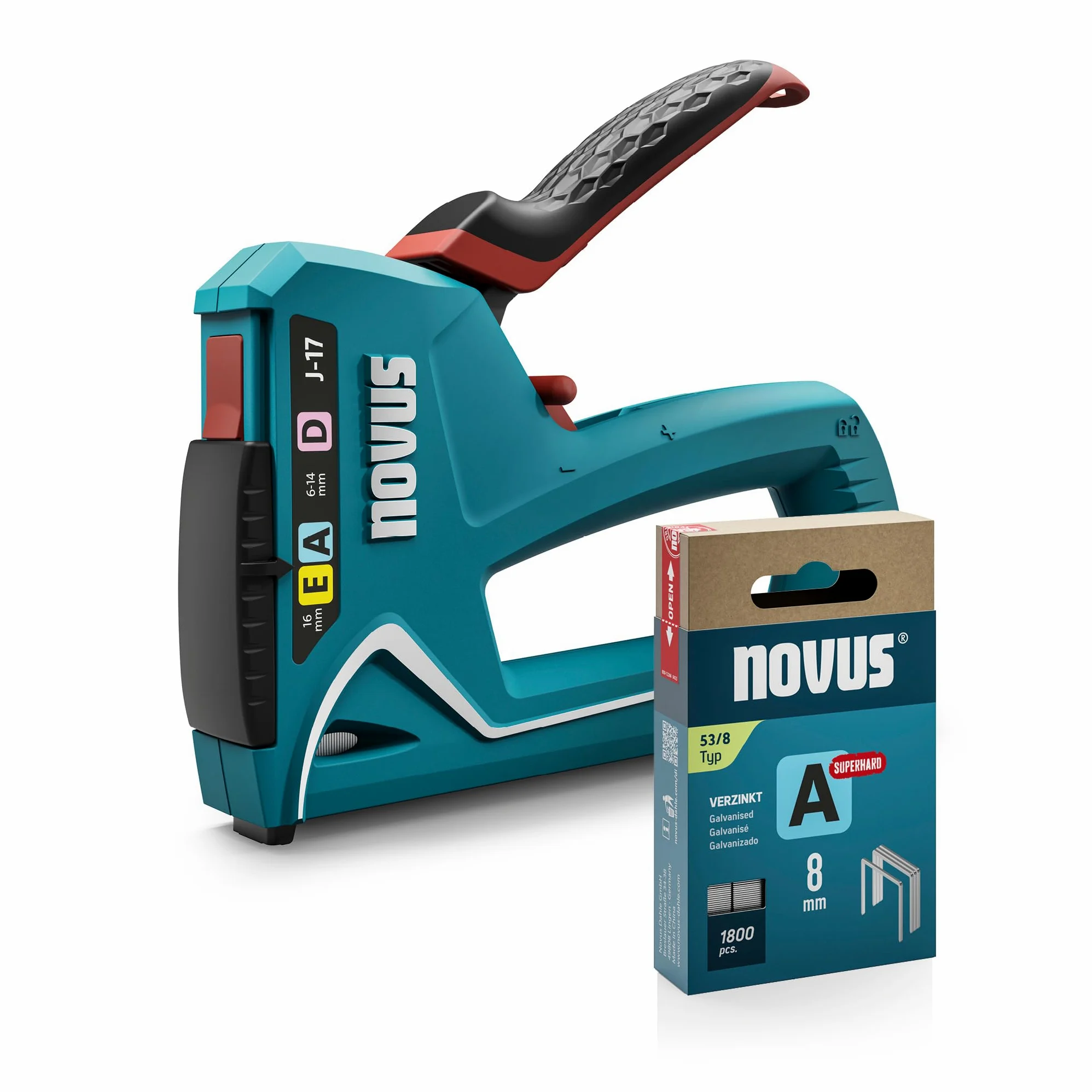 NOVUS TOOLS Zszywacz ręczny J-17 zestaw z 1800 zszywkami │ zszywacz 3 w 1 do drewna, materiałów i folii z obudową z tworzywa sztucznego ABS │ do zszywek z drutu cienkiego i płaskiego drutu 6-14 mm i