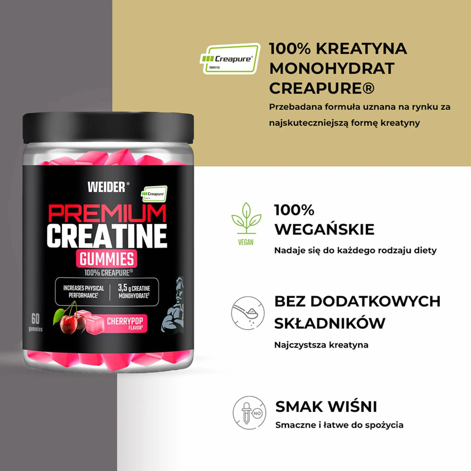 Weider Premium Creatine Gummies (60 żelek) o smaku wiśni, zawierające 3,5 g kreatyny monohydrat 100% Creapure na porcję, wspierają zwiększenie wydolności fizycznej (20 porcji)