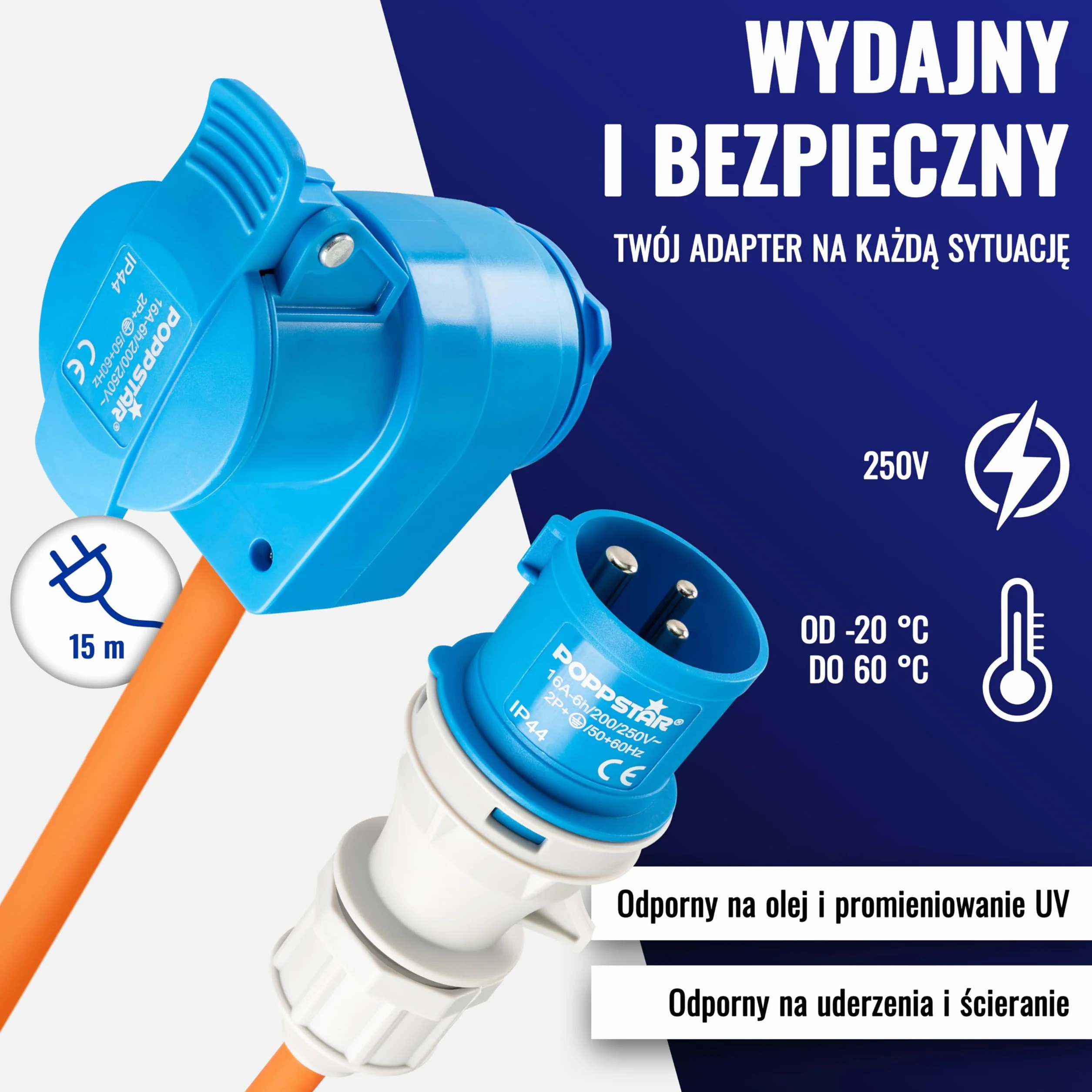 Poppstar kabel CEE 15m 230V/16A IP44 H07RN-F 3G2.5 z wtyczką Schuko