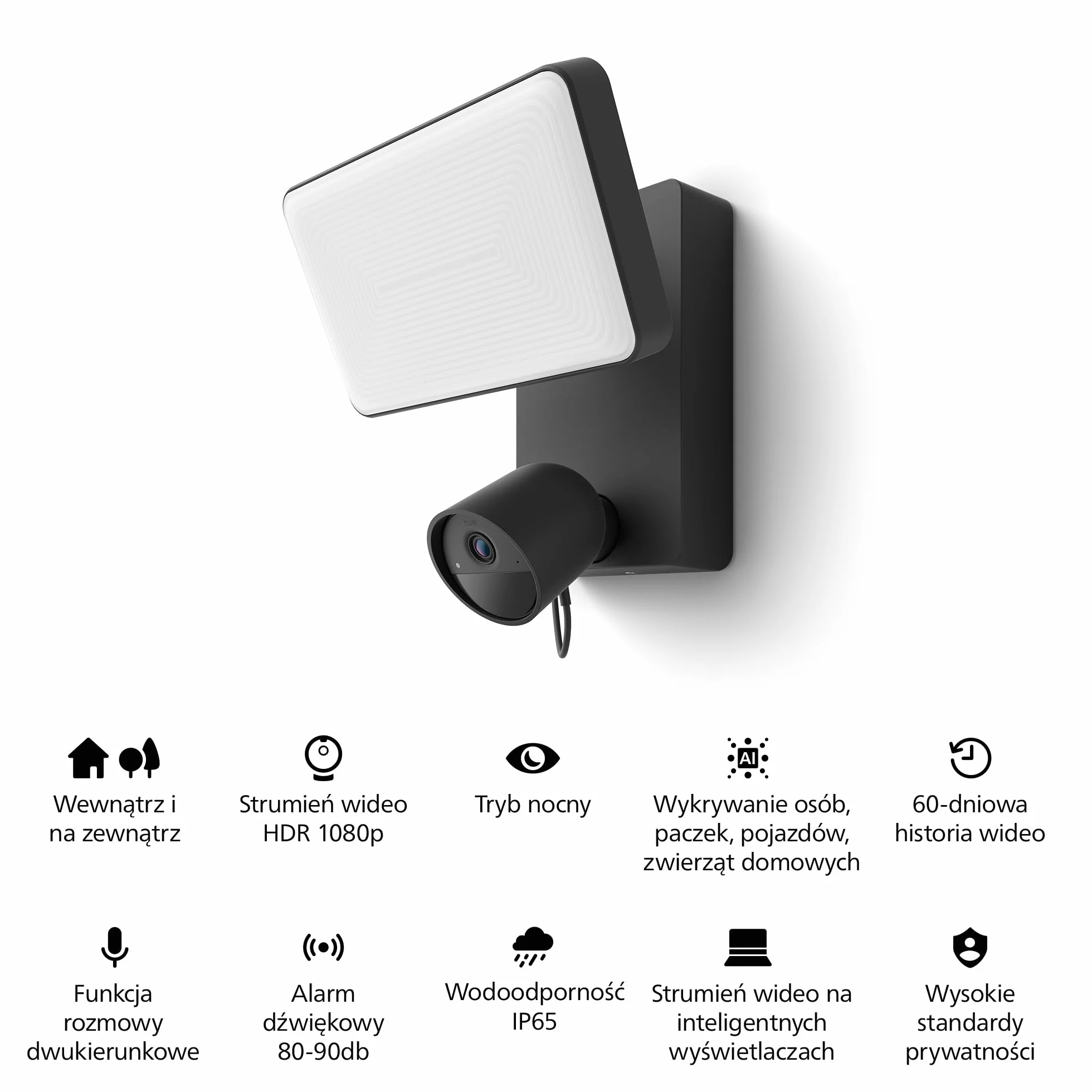 Philips Hue Secure Reflektor zewnętrzny z kamerą 1080p, czarny, do użytku na zewnątrz, łatwy w instalacji, dwukierunkowa rozmowa, współpracuje z Security Center w aplikacji Philips Hue
