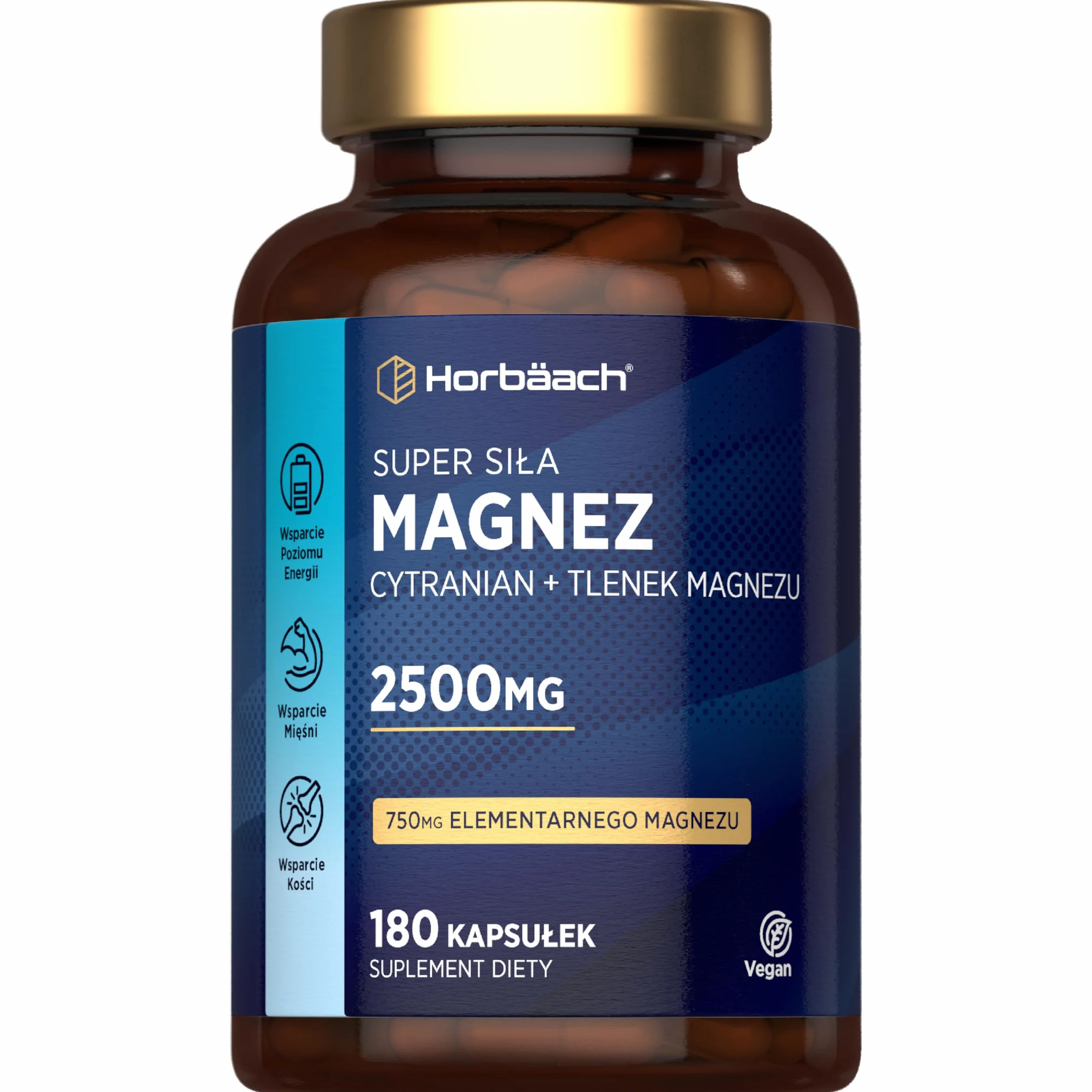 Cytranian Magnezu 2500 mg | Wysoka Dawka 750 mg Czystego Magnezu (Magnez Elementarny) | Cytryniany i Tlenki | 180 Kapsułek Wegańskich - Zapas na 2 Miesiące | marki Horbaach