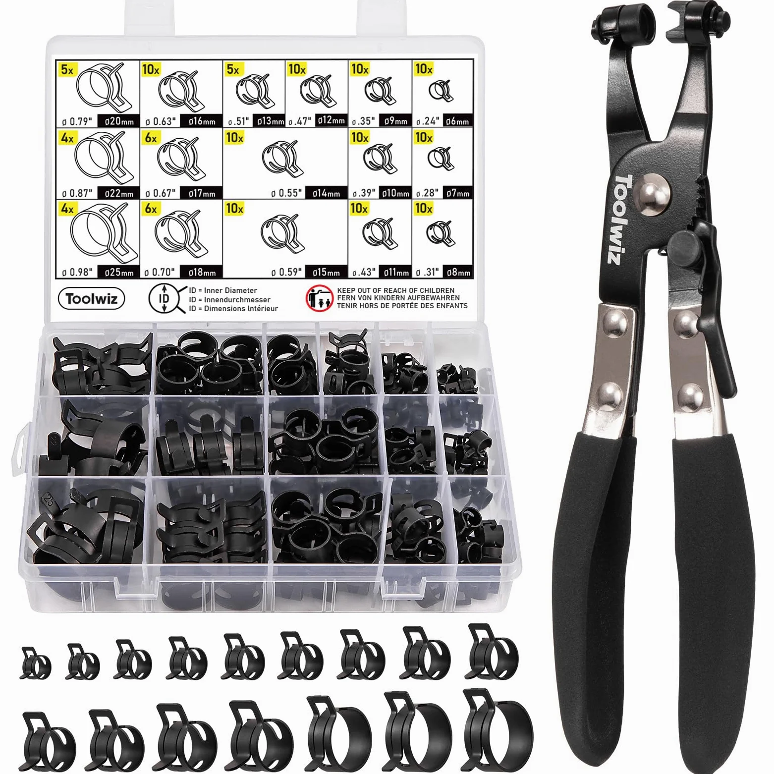 Toolwiz 130 szt. 6-25 mm zaciski do węży sprężynowych z obrotowymi szczypcami zaciskowymi do węża, 16 rozmiarów zacisków do węża, asortyment opasek sprężynowych, przewód paliwowy, wąż próżniowy