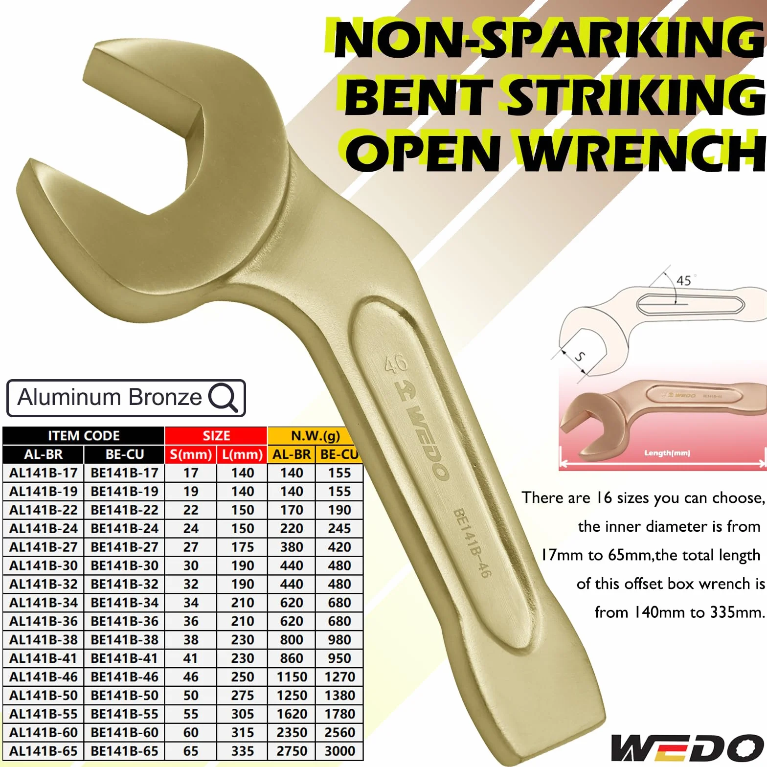 WEDO Nieiskrzący wygięty klucz uderzający z otwartym końcem 45 stopni, klucz bezpieczeństwa, brąz aluminiowy, standard DIN, certyfikat BAM i FM, 7,6", 190 mm x 32 mm