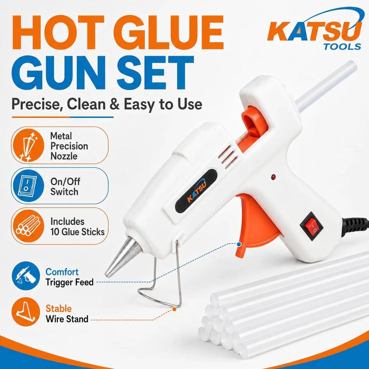 KATSU 20W Elektryczny Pistolet do Klejenia na Gorąco, Pistolet do Topienia Kleju z 12 Wkładami do Klejenia 7mm x 150mm do Robótek Ręcznych i Szybkiej Naprawy w Domu 323128