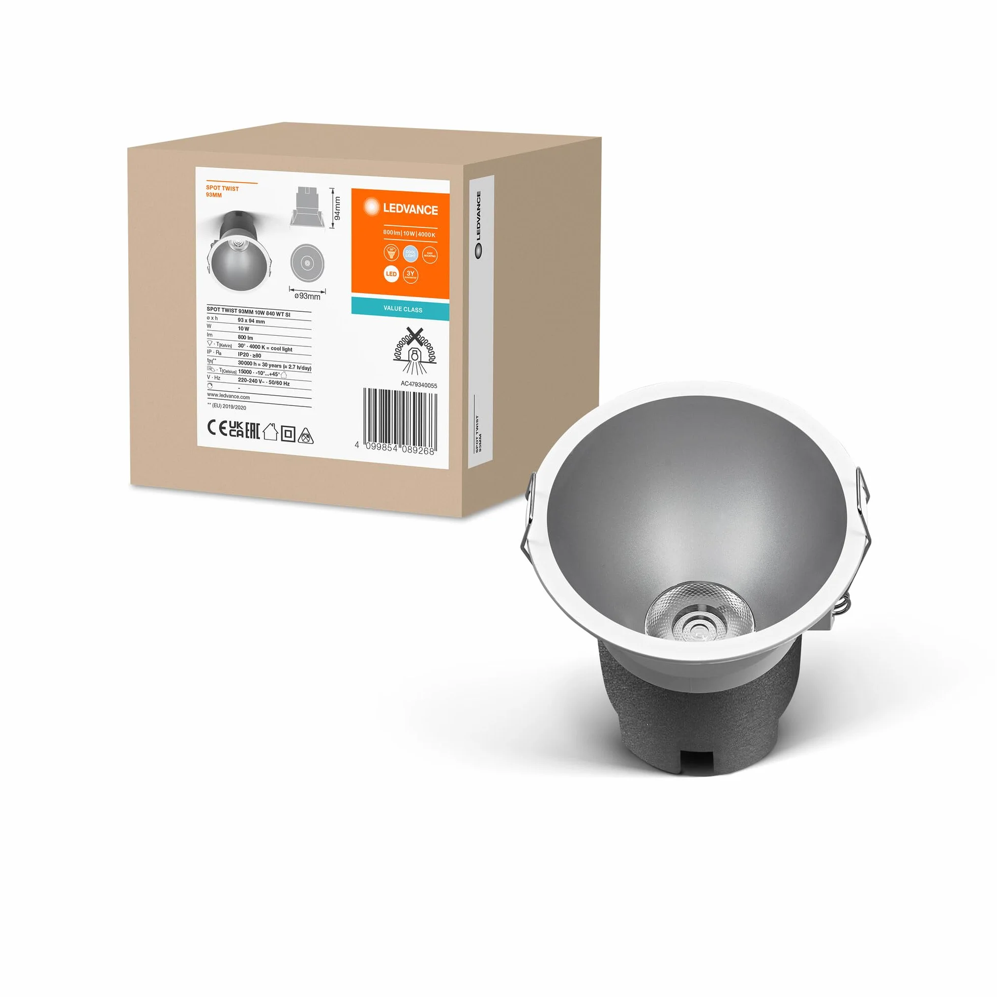 LEDVANCE Spot Twist Instalacja, Srebrne, 10W, 800LM, 840 Wt, Średnica 93 mm, Zimny Biały Kolor