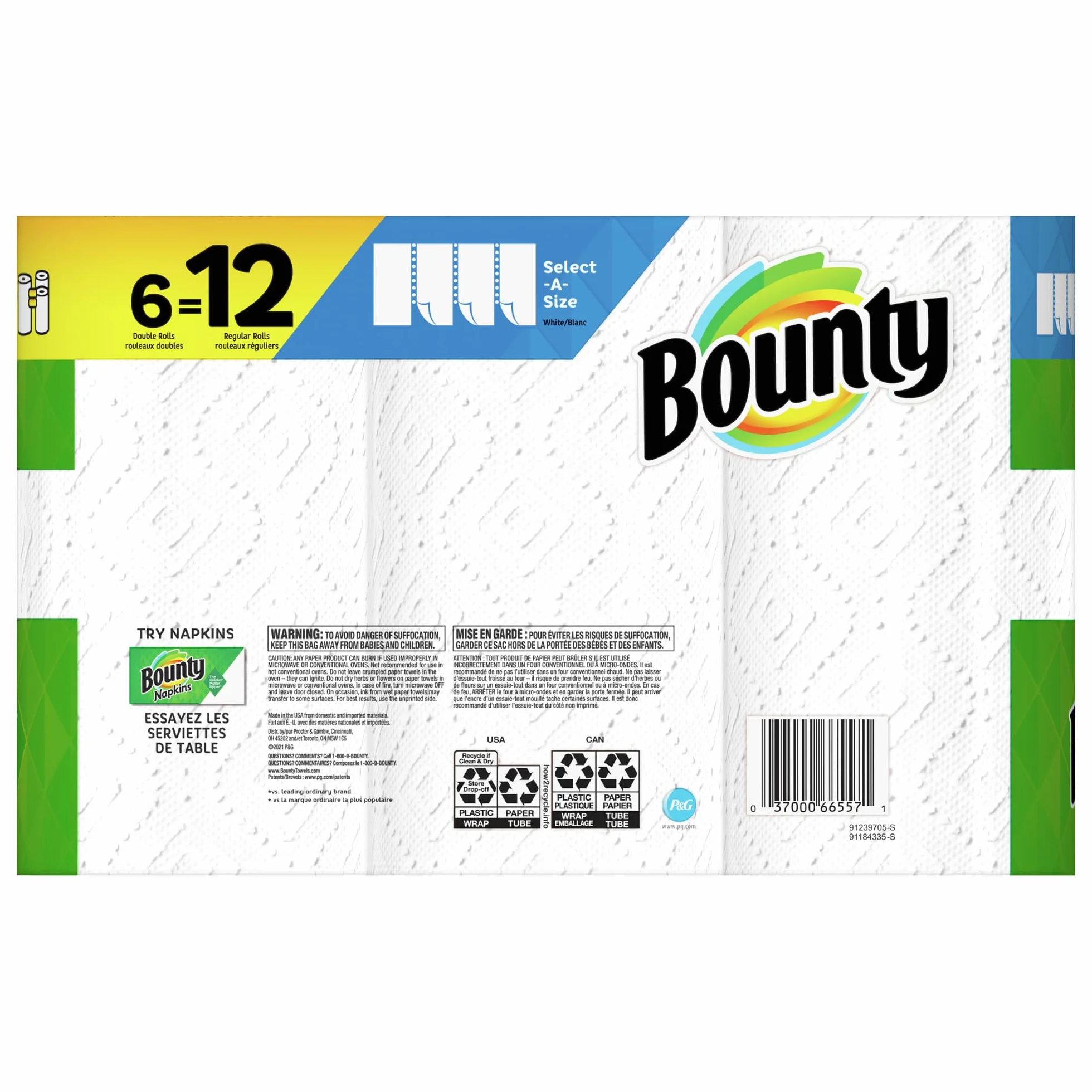 Bounty Ręczniki papierowe w rozmiarze A, białe, duże rolki, 6 sztuk po 74 arkusze na rolkę, 6 sztuk (1 opakowanie)