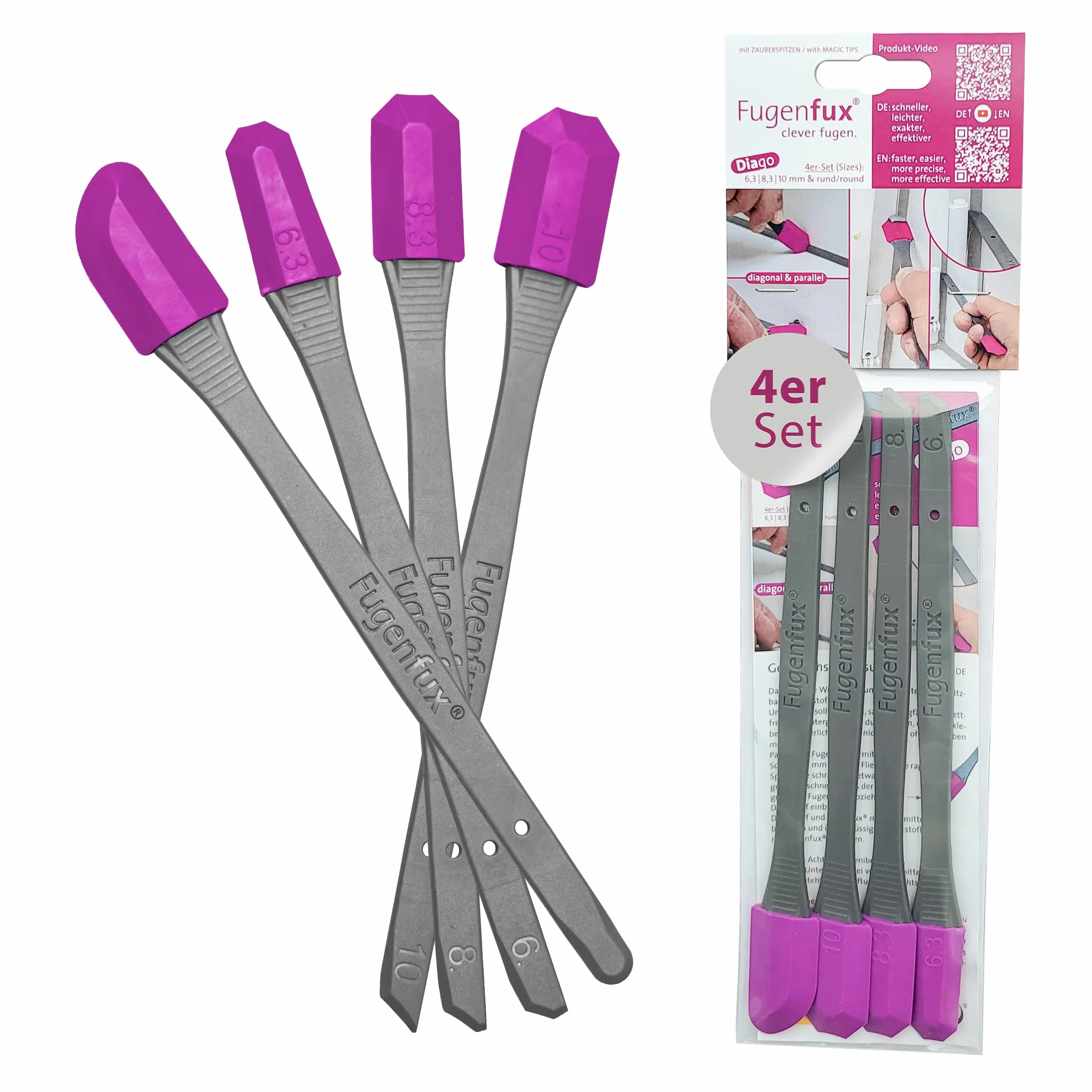 FUGENFUX® DIAGO 4-częściowy zestaw do fug – ściągacz do wąskich miejsc, silikonu, akrylu, Made in Germany