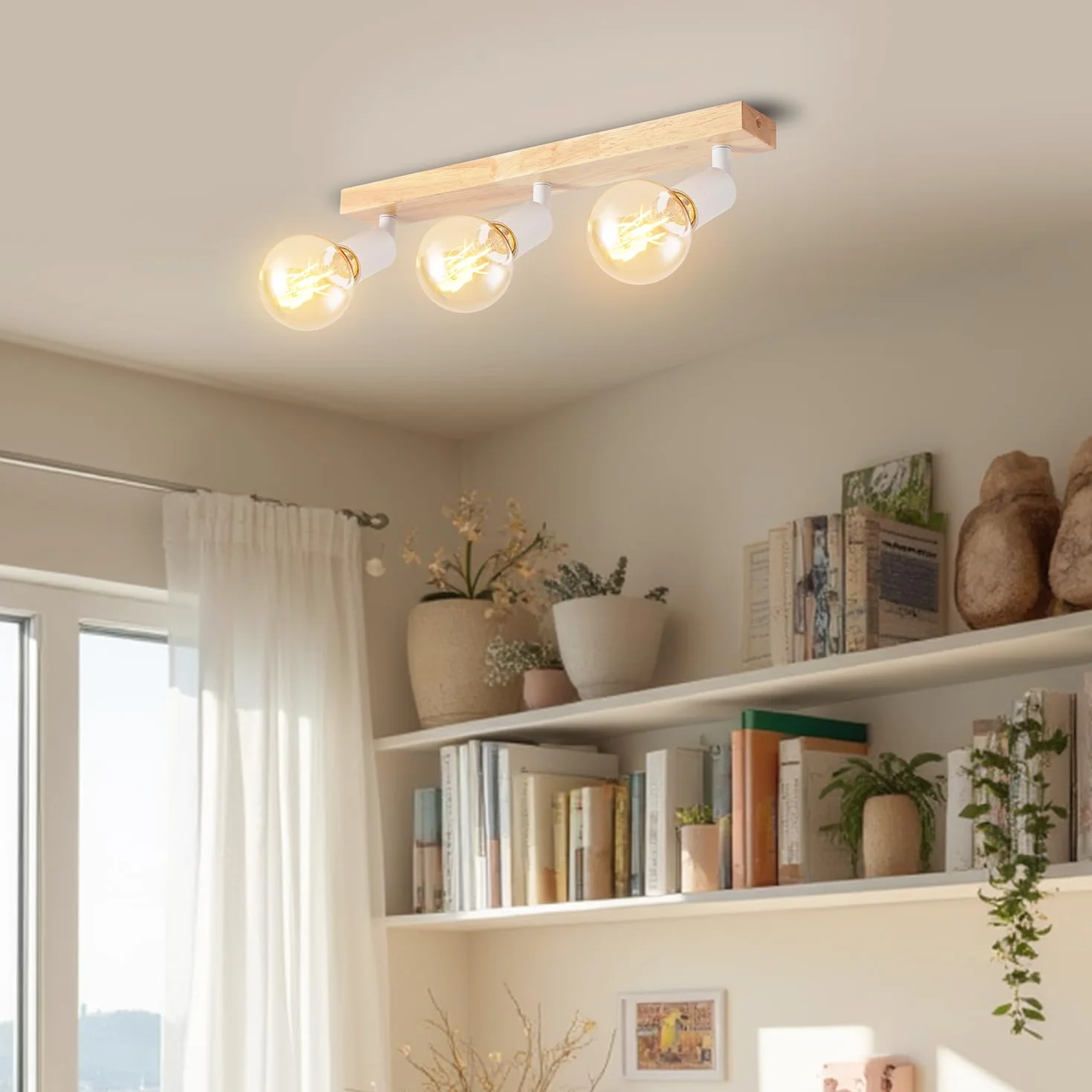 LVWIT Lampa sufitowa LED E27 z 3 reflektorami, białe oświetlenie wewnętrzne, drewniana lampa sufitowa z prostokątną podstawą, lampa ścienna do sypialni, żyrandol kuchenny (bez żarówek)
