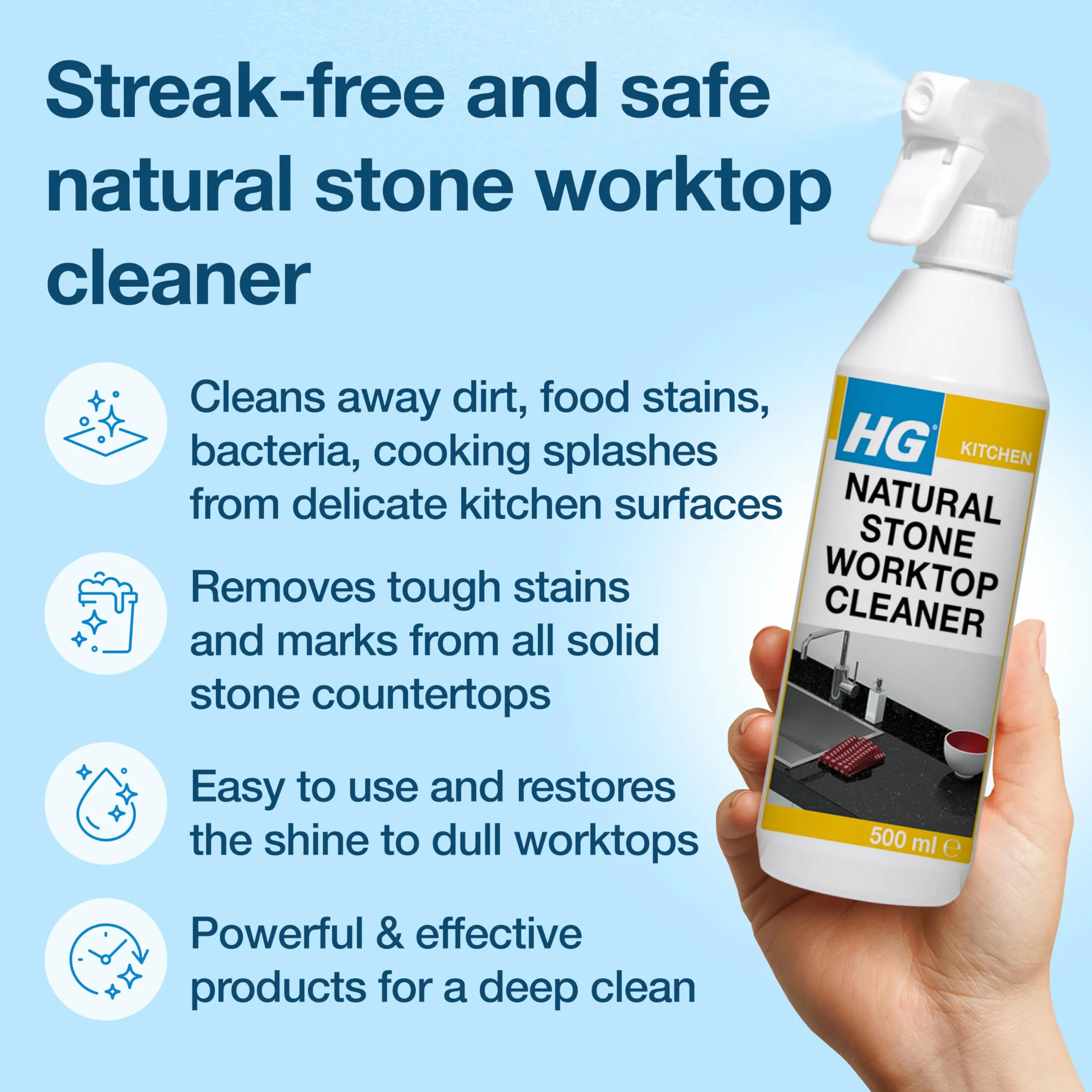 HG Naturalny kamień kuchenny Top Cleaner 500 ml - do codziennego czyszczenia bez smug i absolutnie bezpieczny, (1 sztuka)