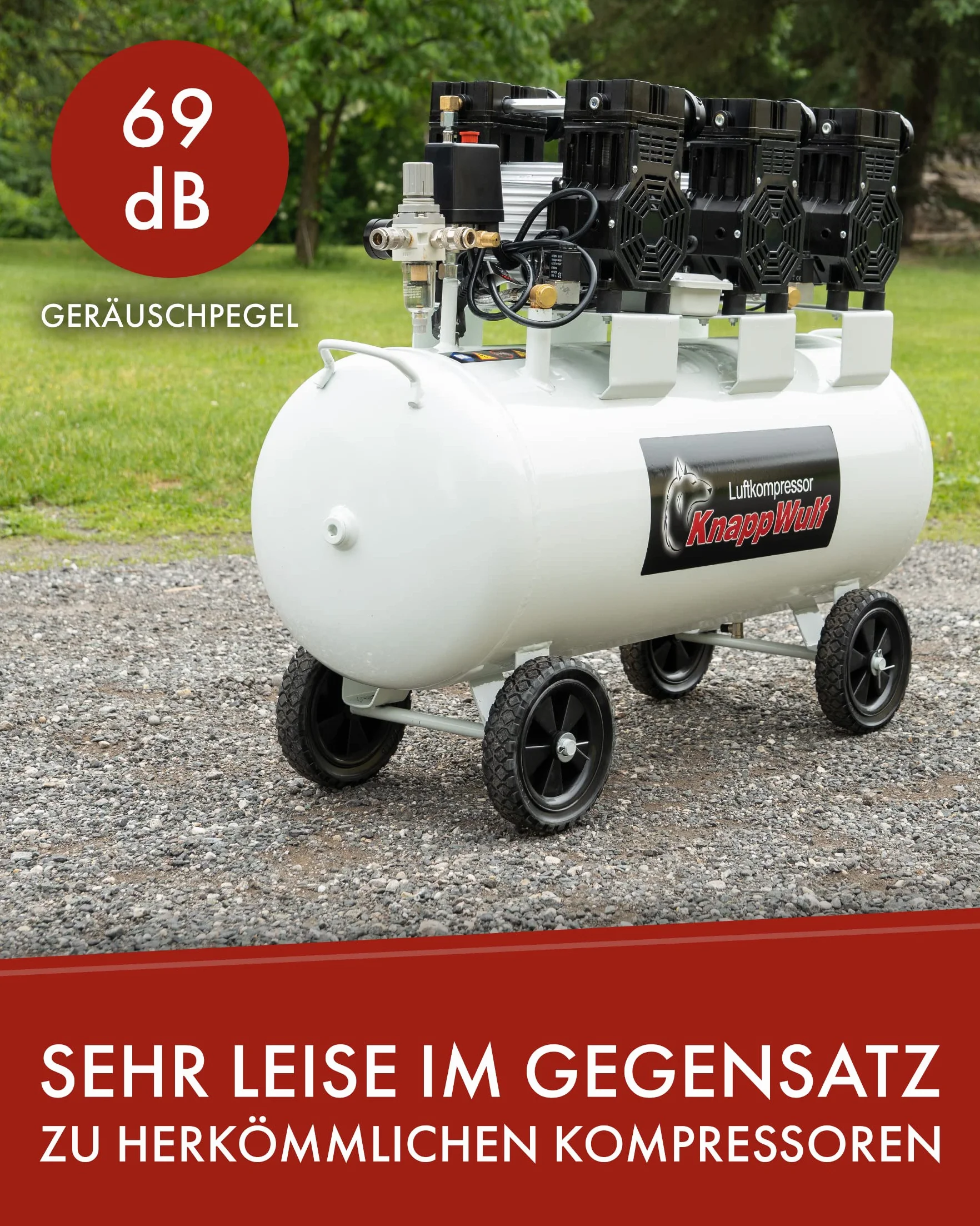 KnappWulf cicha sprężarka powietrza KW2200, 8 bar, 100 l zbiornika, 3300W, 590 l/min, bezolejowa, w zestawie odseparowana woda, reduktor ciśnienia, zawór odprowadzania kondensatu
