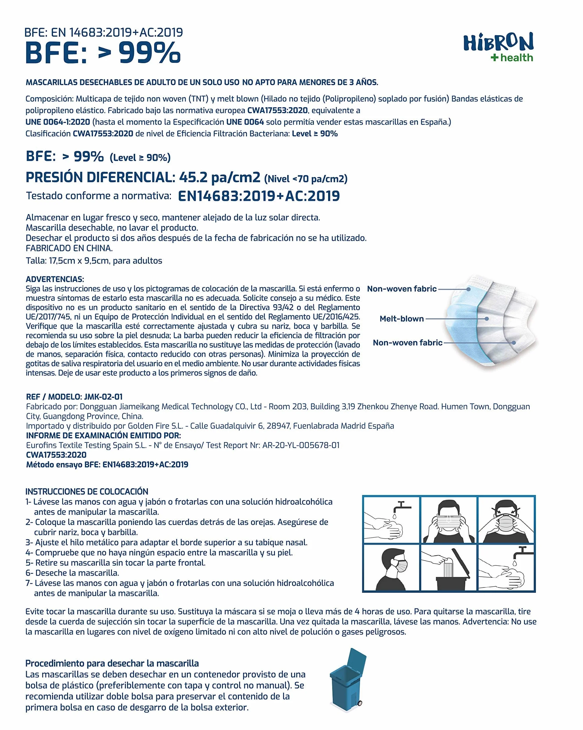50 jednorazowych masek, certyfikat europejski, CWA 17553:2020, BFE>99%, białe