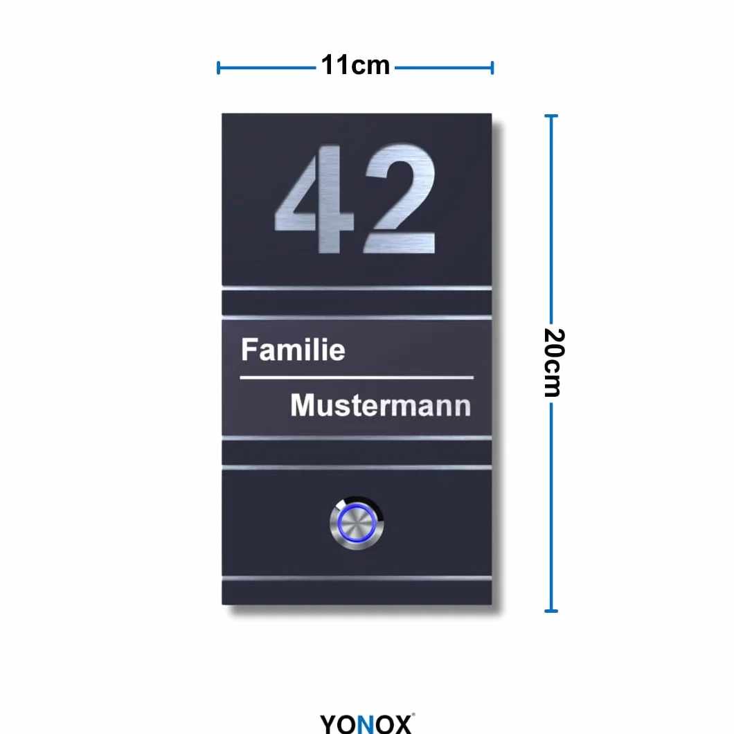 YONOX Nowoczesna tabliczka dzwonka ze stali szlachetnej numer domu + imię z przyciskiem LED - stylowa elegancja do Twojego domu - precyzyjny grawerunek - możliwość personalizacji - szkło akrylowe