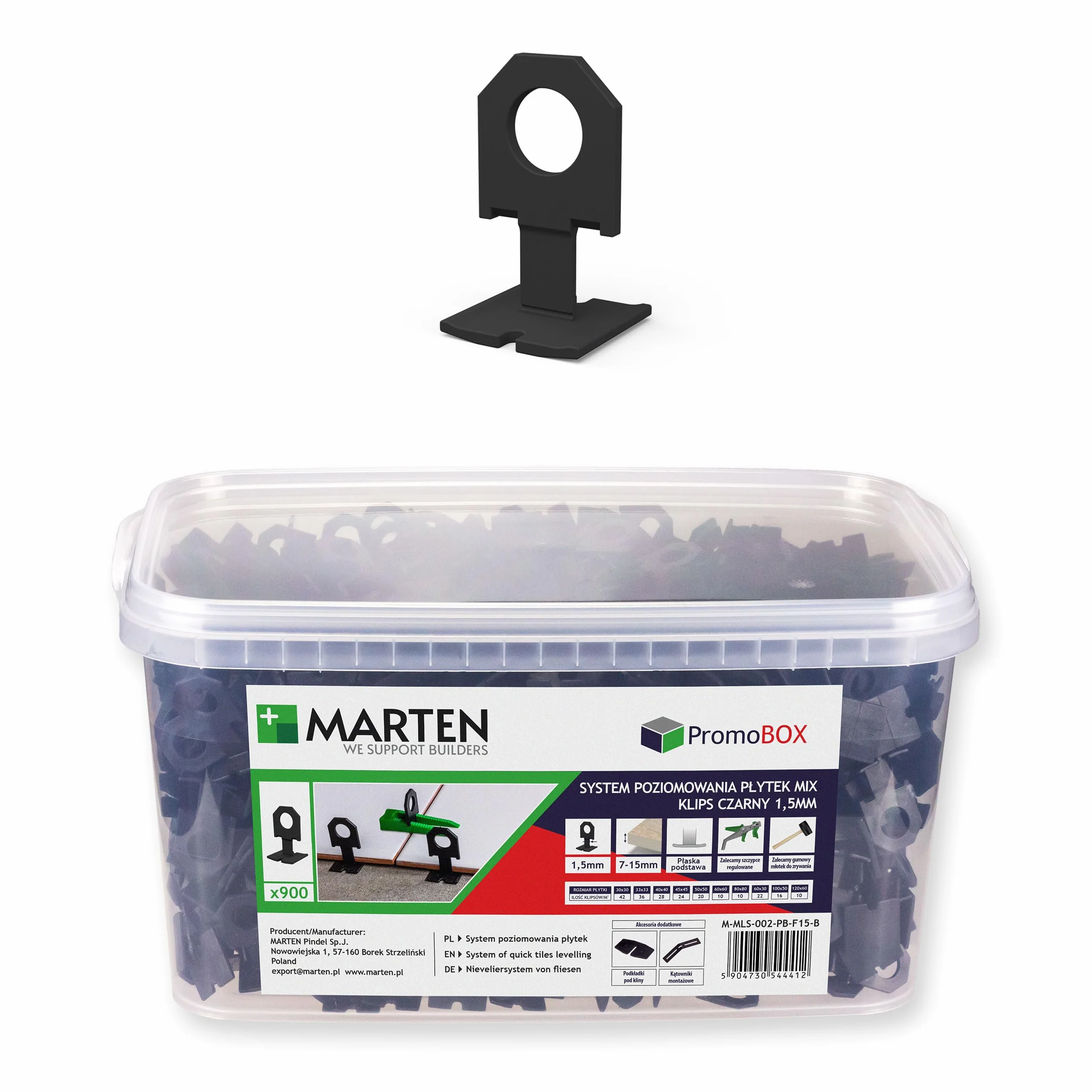 MARTEN Zamienne klipsy do systemu poziomowania, zestaw klipsów 1,5 mm, system poziomowania płytek, grubość płytek 7-15 mm, zestaw premium z 900 sztuk w wiaderku, pomoc w układaniu płytek (klipsy