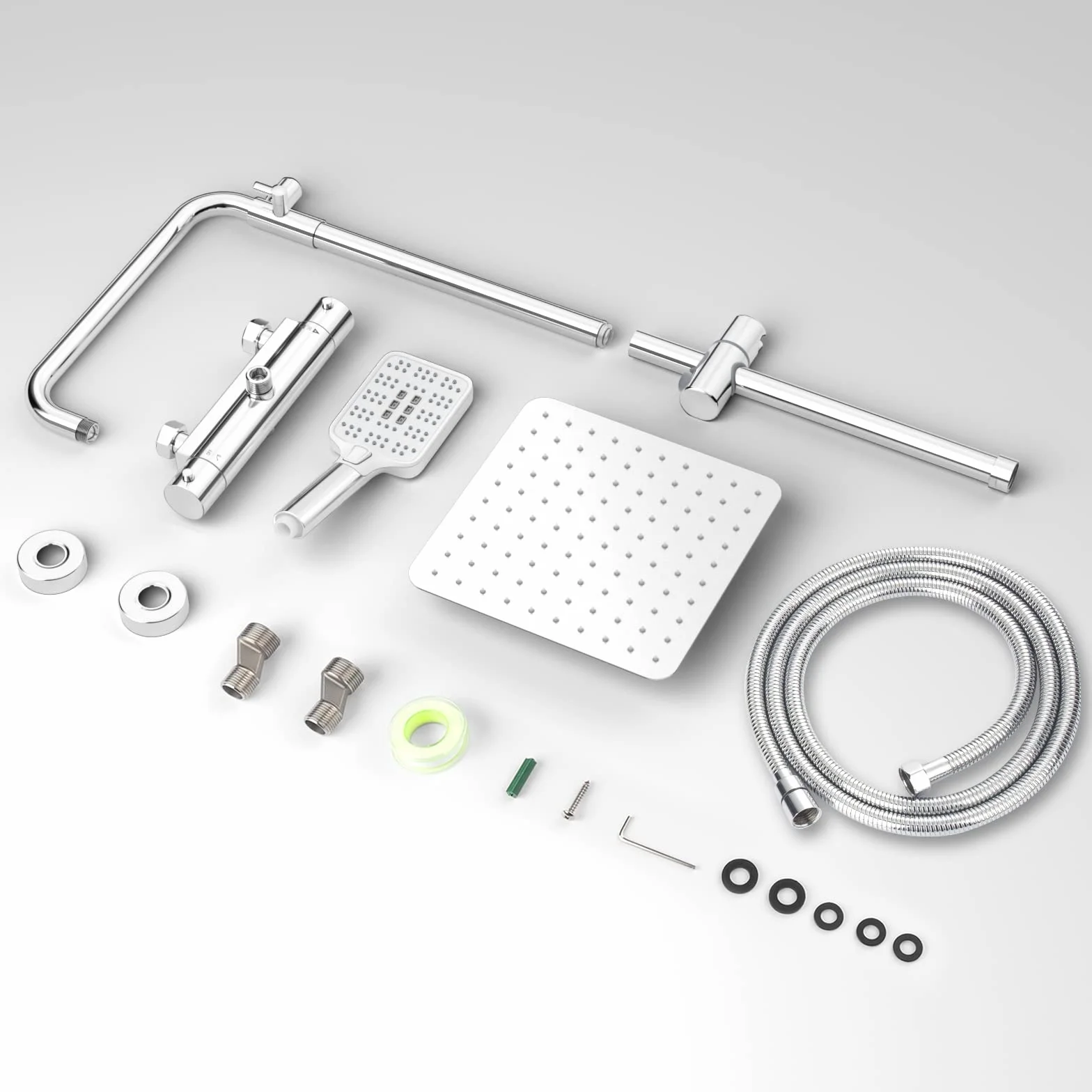 Rainsworth System prysznicowy z termostatem, chromowany, 25 x 25 cm, kwadratowa deszczownica ze stali nierdzewnej, armatura prysznicowa, deszczownica z armaturą, 3 rodzaje strumienia, drążek