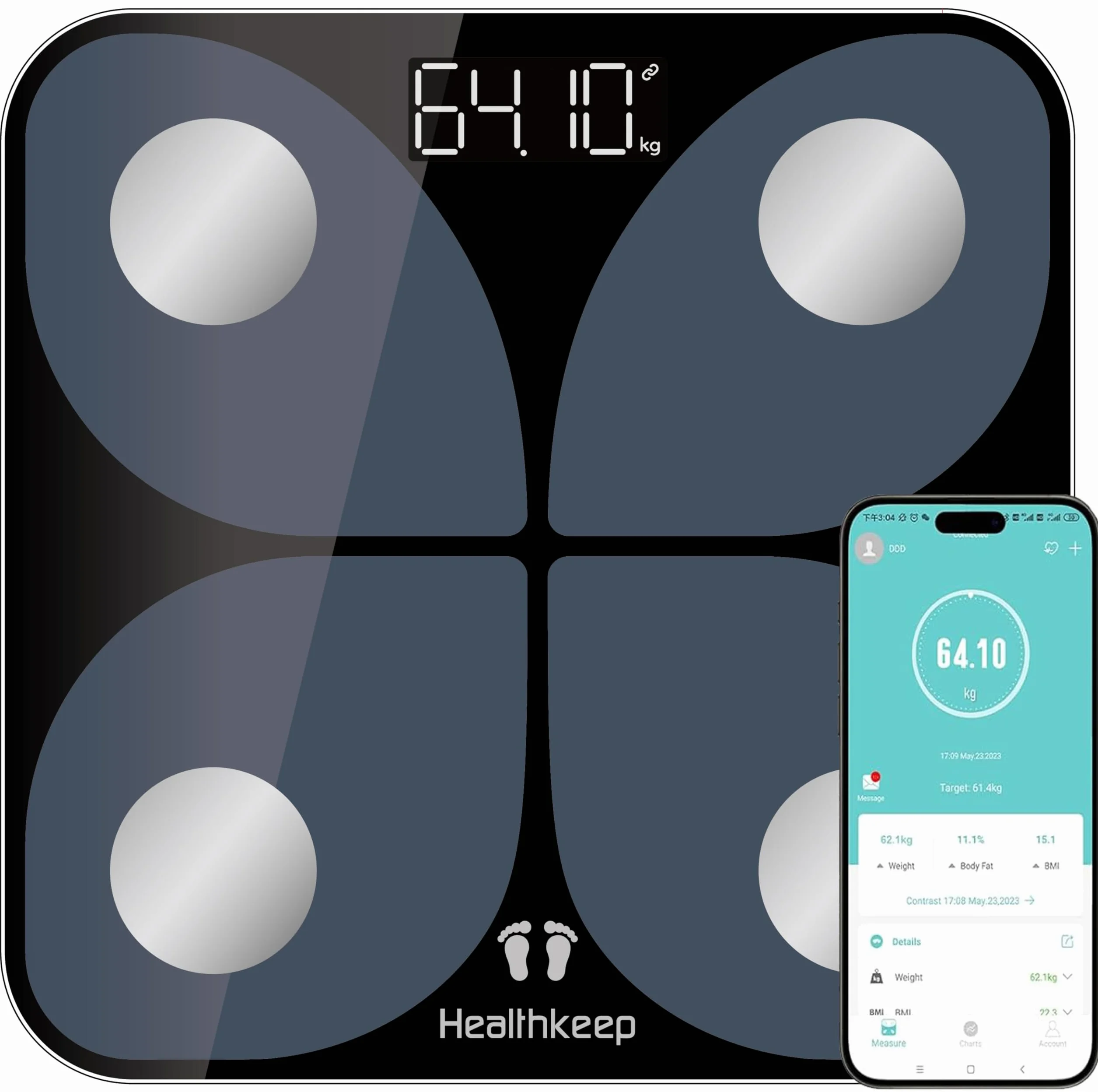 Cyfrowa waga osobowa z aplikacją Smart Waga, Bluetooth do analizy tkanki tłuszczowej, BMI, masy mięśniowej, białka, BMR, czarna, 26 cm x 26 cm