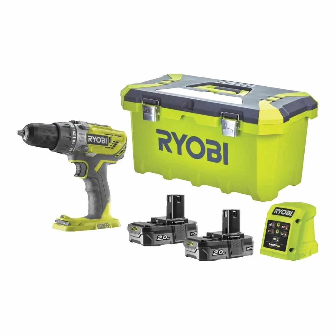 Ryobi R18PD3-220T 5133003885 Wiertarko-Wkrętarka Udarowa 18V, Moment Obrotowy 50 Nm, 2 Baterie Li+ 2,0 Ah, Ładowarka 1,5A, Toolbox