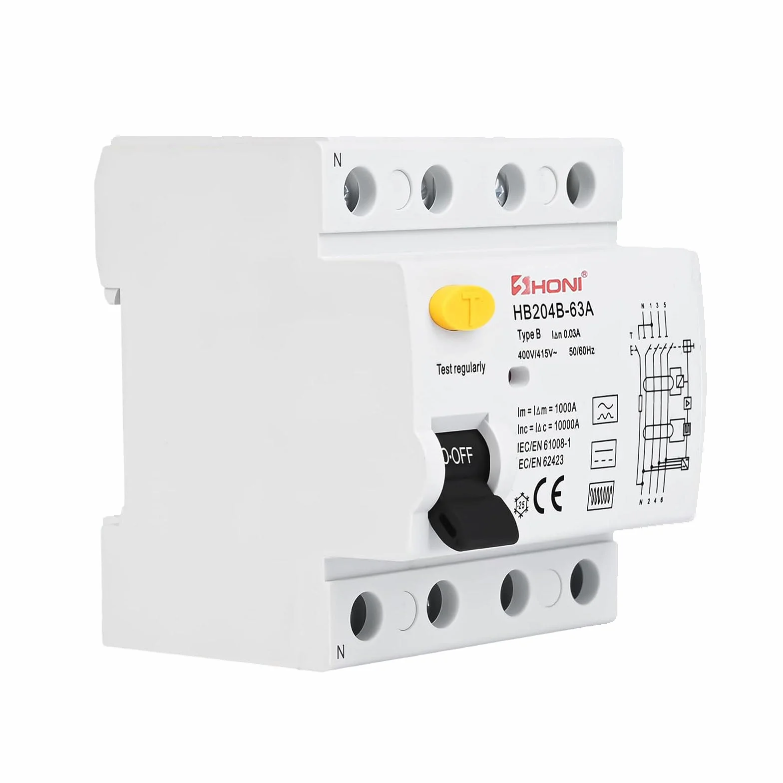 Wyłącznik różnicowoprądowy RCD Typ B - DIN FI Wyłącznik obwodu - 4-biegunowy wyłącznik różnicowoprądowy do EV, DC do elektrycznej ładowarki samochodowej - Stacja ładująca (63 A, 300 mA)