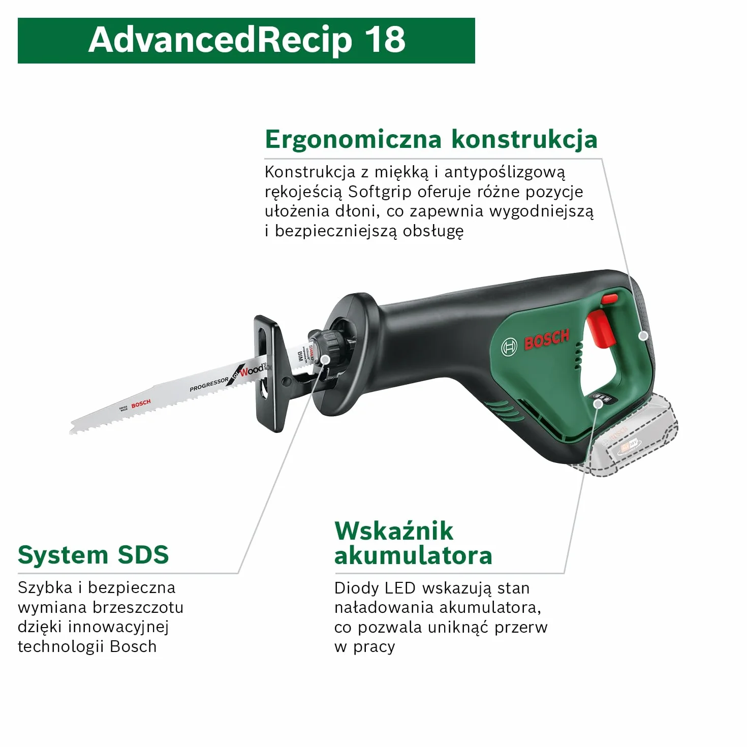 Bosch Home and Garden Akumulatorowa piła szablasta AdvancedRecip 18 (bez akumulatora, system 18V, opakowanie kartonowe)