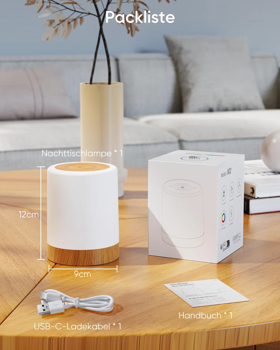 Bonsery Lampka nocna LED, dotykowa, ściemniana z 256 kolorami RGB i 3 trybami, lampka nocna dla dzieci, ładowalna przez USB z funkcją timera i pamięci, słoje drewna, lampa stołowa bezprzewodowa do