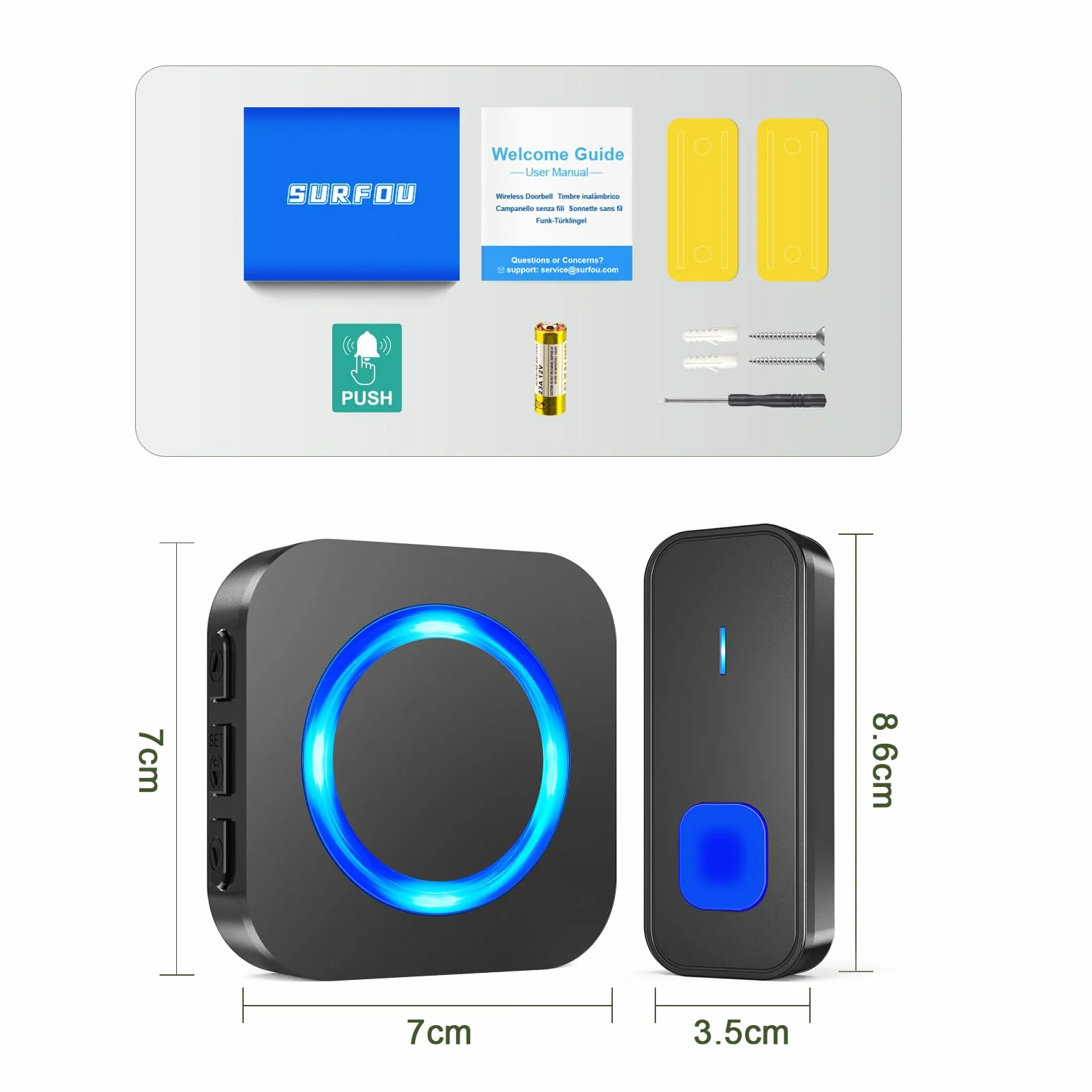 SURFOU Bezprzewodowy dzwonek do drzwi z odbiornikiem plug-in, zasięg 400 m, wodoszczelny, 55 dźwięków dzwonków, 5 głośności, migające diody LED, czarny