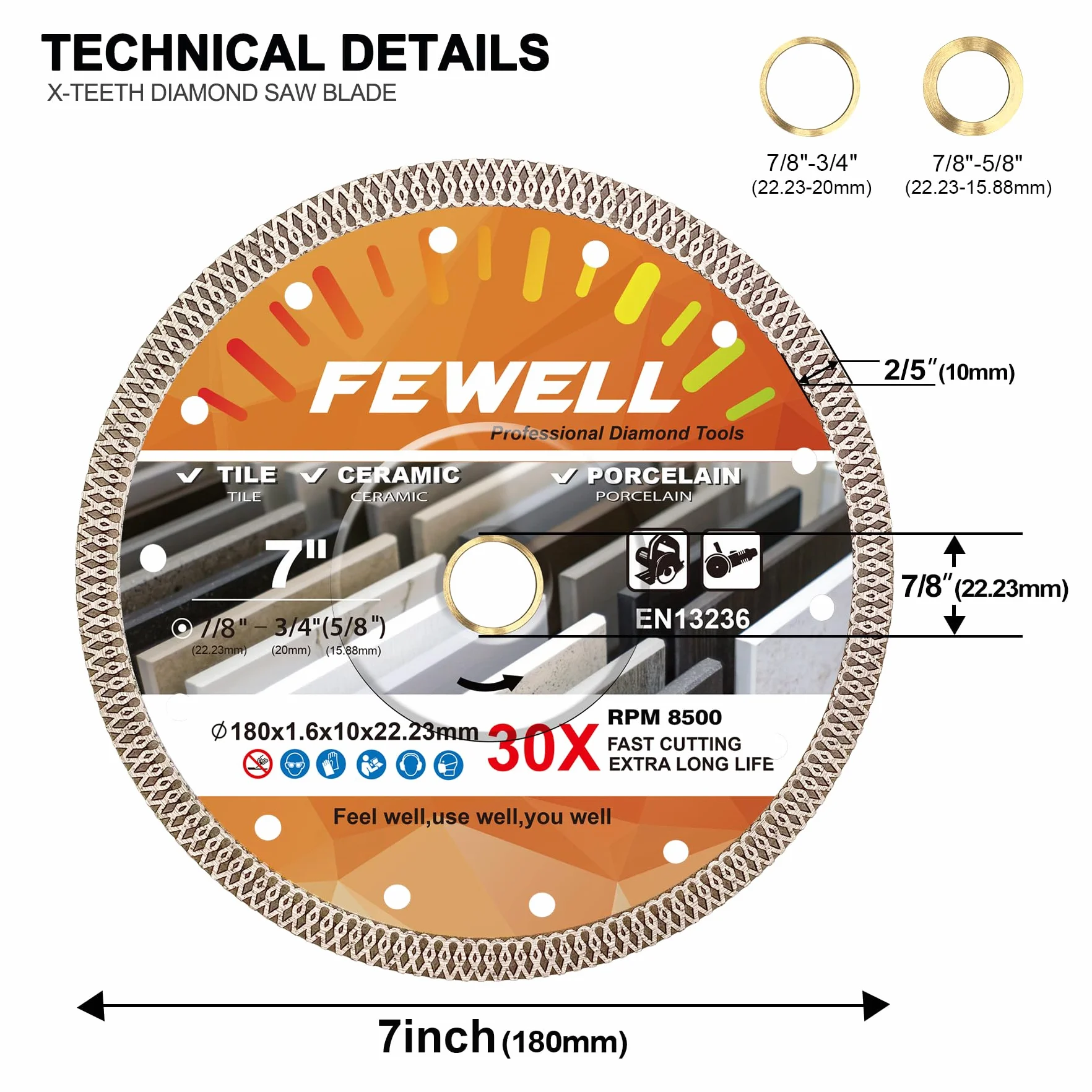 FEWELL Super cienkie diamentowe ostrza 17,8 cm do płytek porcelanowych lub ceramicznych, 2 szt