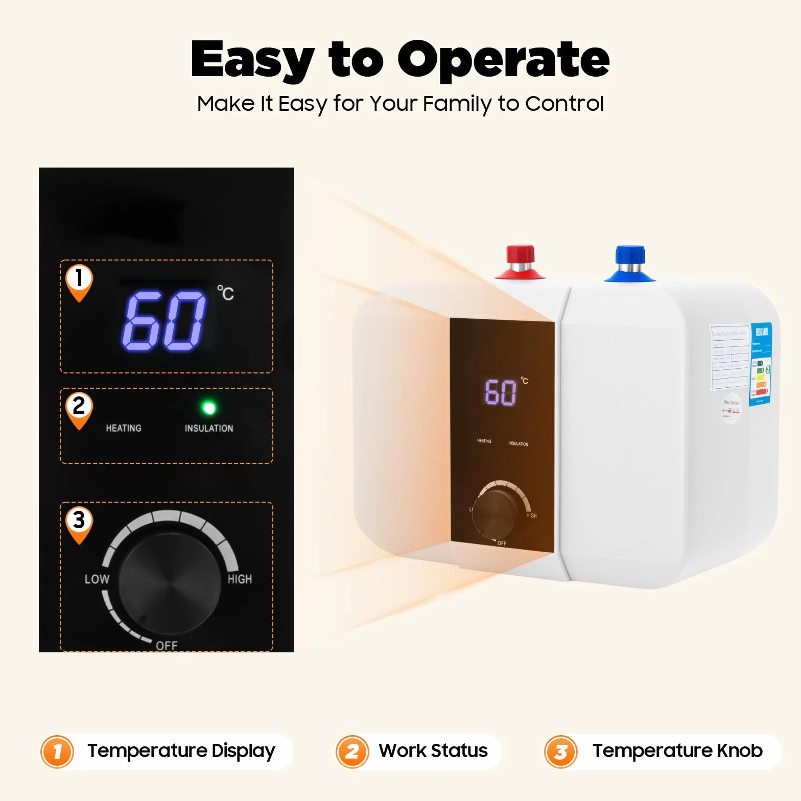 Podszafkowy bojler 6 l, mini podgrzewacz wody 1500 W, 220 V, zbiornik ciepłej wody, 0-65°C, cyfrowy wyświetlacz LED, elektryczny podgrzewacz wody, idealny do zlewozmywaków kuchennych, łazienki