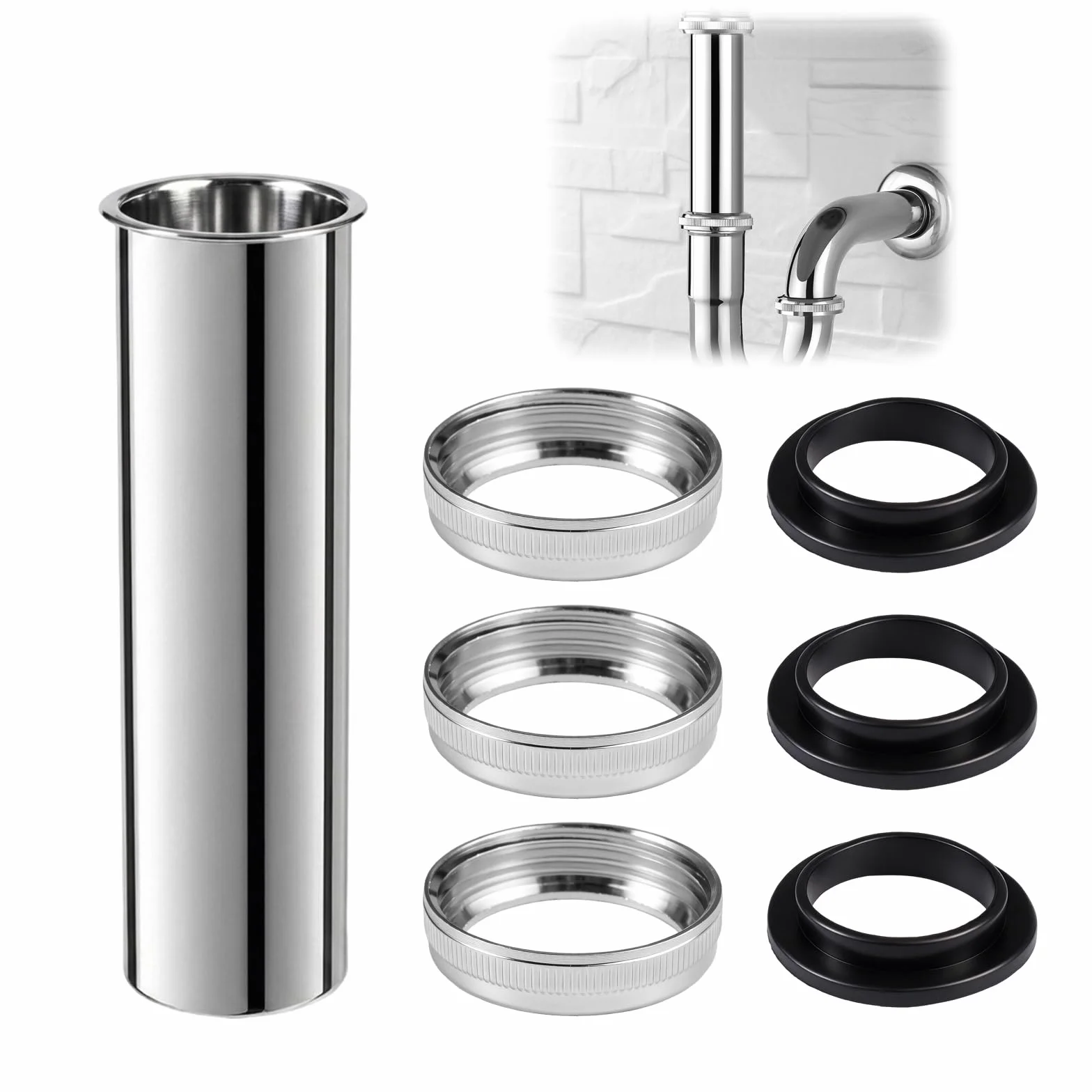 Uniwersalny syfon 120 mm, przedłużacz syfonu ze stali nierdzewnej G1-1/4, z 2 pierścieniami uszczelniającymi, rura umywalkowa do pralek, zlewozmywaków, przedłużka odpływu zmywarki