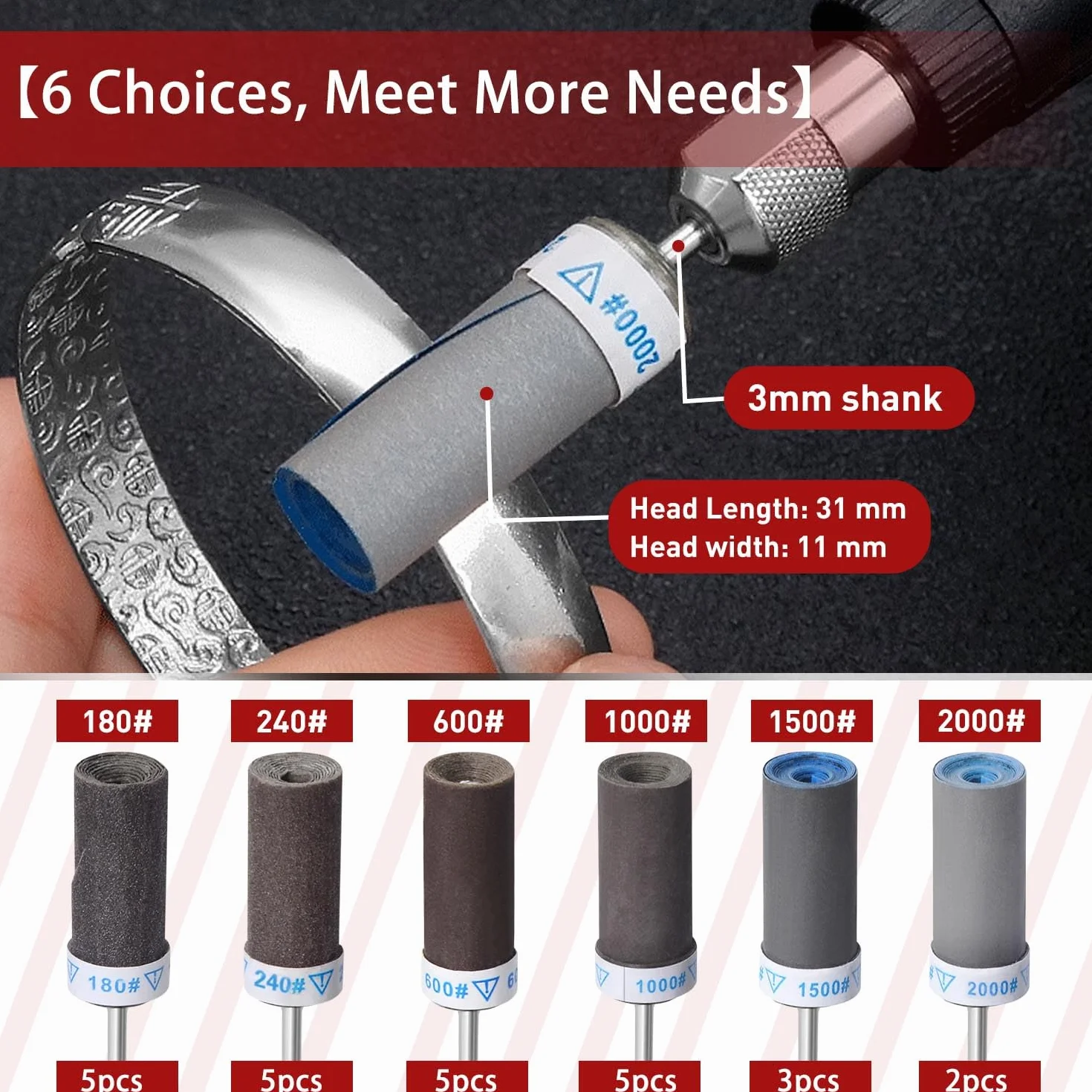 25 Sztuk Tulejek Szlifierskich do Dremel Narzędzi Obrotowych,Bębny Szlifierskie Trzonem O Średnicy 3mm, Ziarnistość 180/240/600/1000/1500/2000 do Szlifowania i Polerowania, Usuwanie Rdzy z Metalu