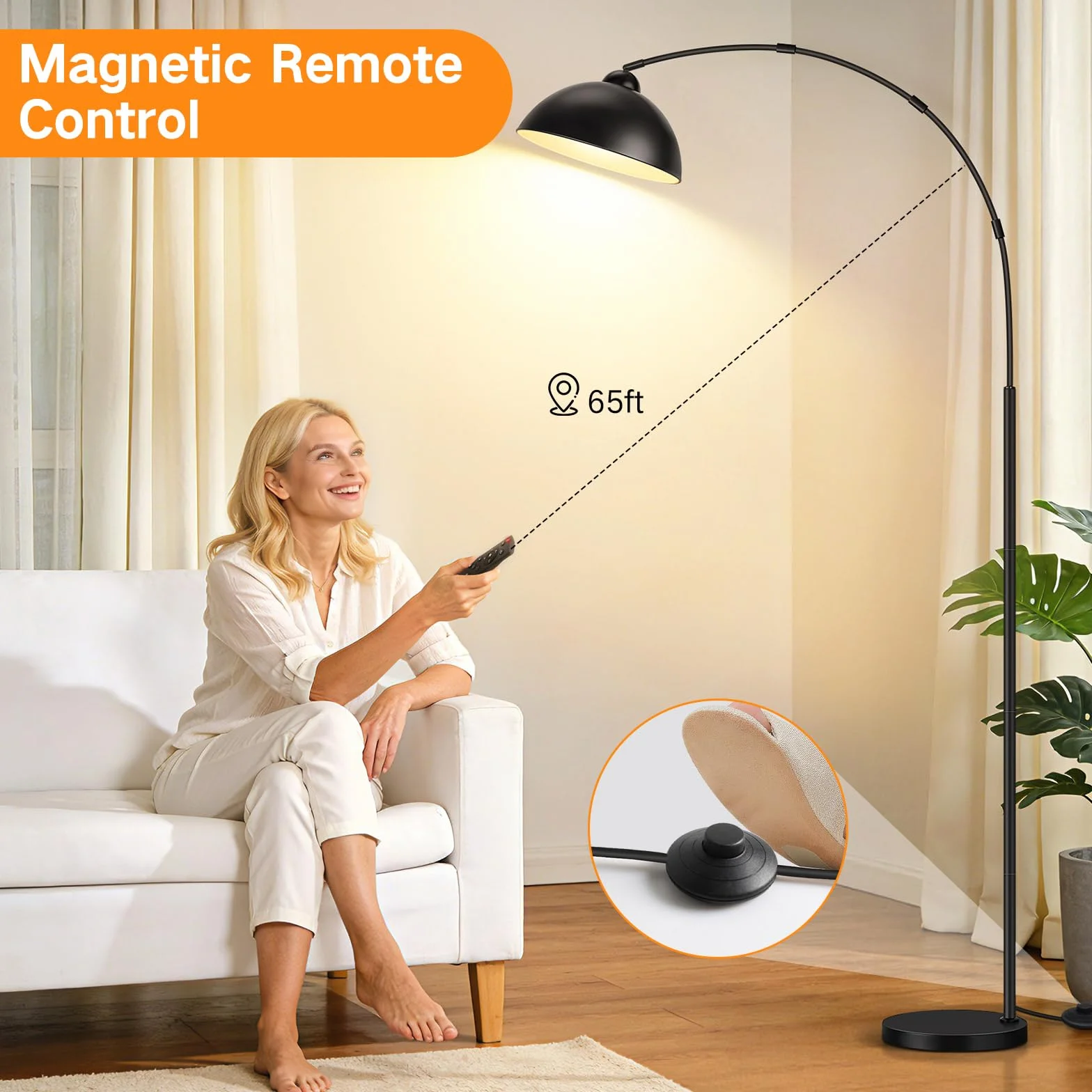 OUTON Lampa łukowa, lampa stojąca LED z funkcją ściemniania | 4 temperatury barwowe, czarna, lampa stojąca do salonu, sypialni, biura