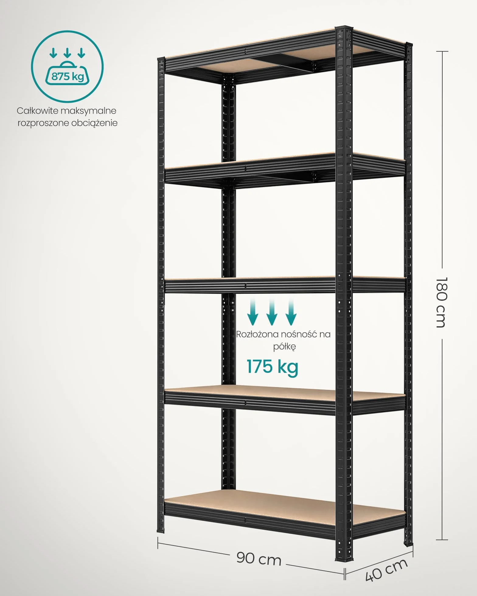 SONGMICS Regał 5-poziomowy, stalowy regał do przechowywania, montaż bez użycia narzędzi, do garażu, szopy, udźwig 875 kg, 40 x 90 x 180 cm, czarny GLR040B01