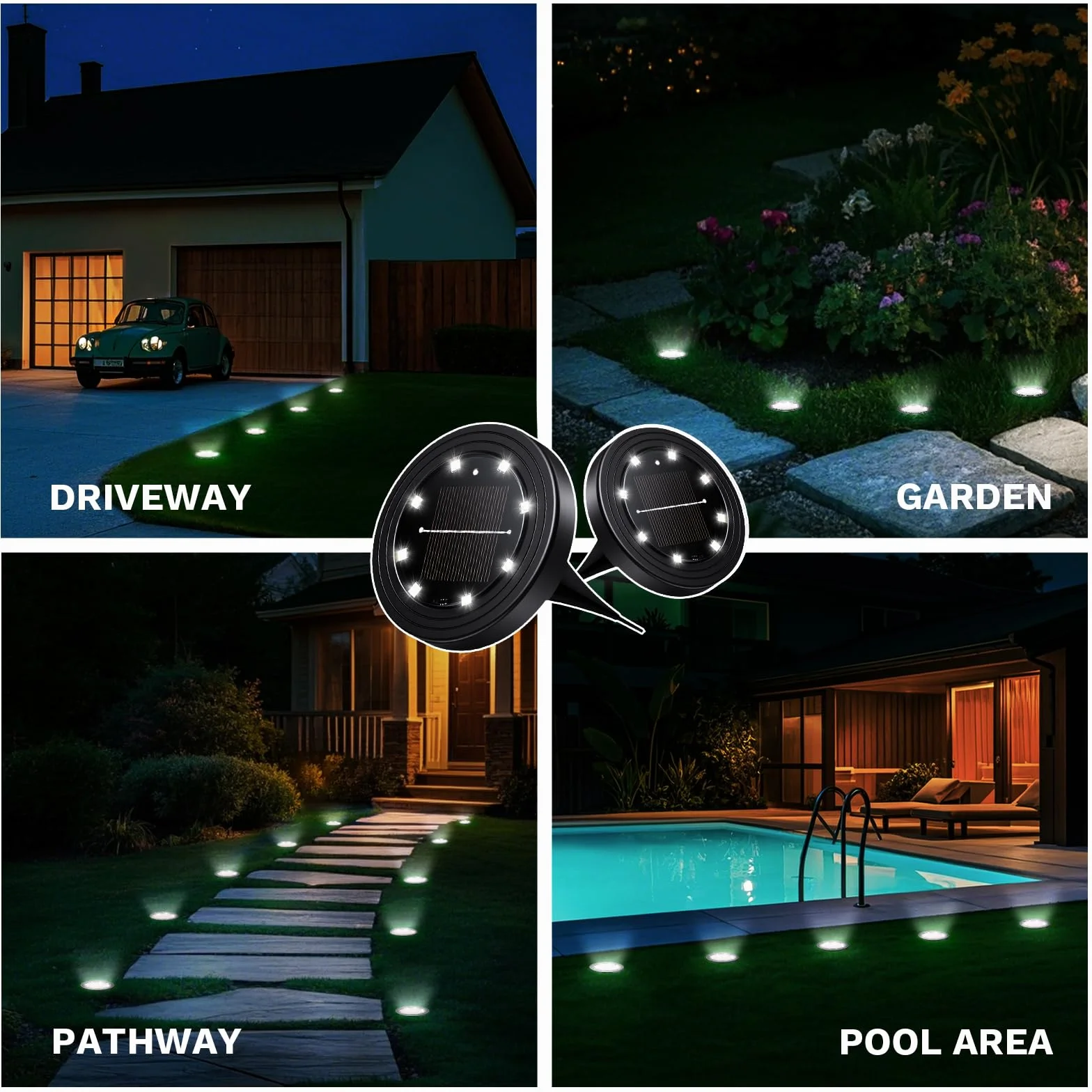 NIBSHOOM 8 sztuk zewnętrznych lamp solarnych, odporne na warunki atmosferyczne lampy solarne IP68 z 8 LED, oświetlenie ogrodowe o długiej żywotności, chłodna biel lampy solarne do ogrodu, tarasów