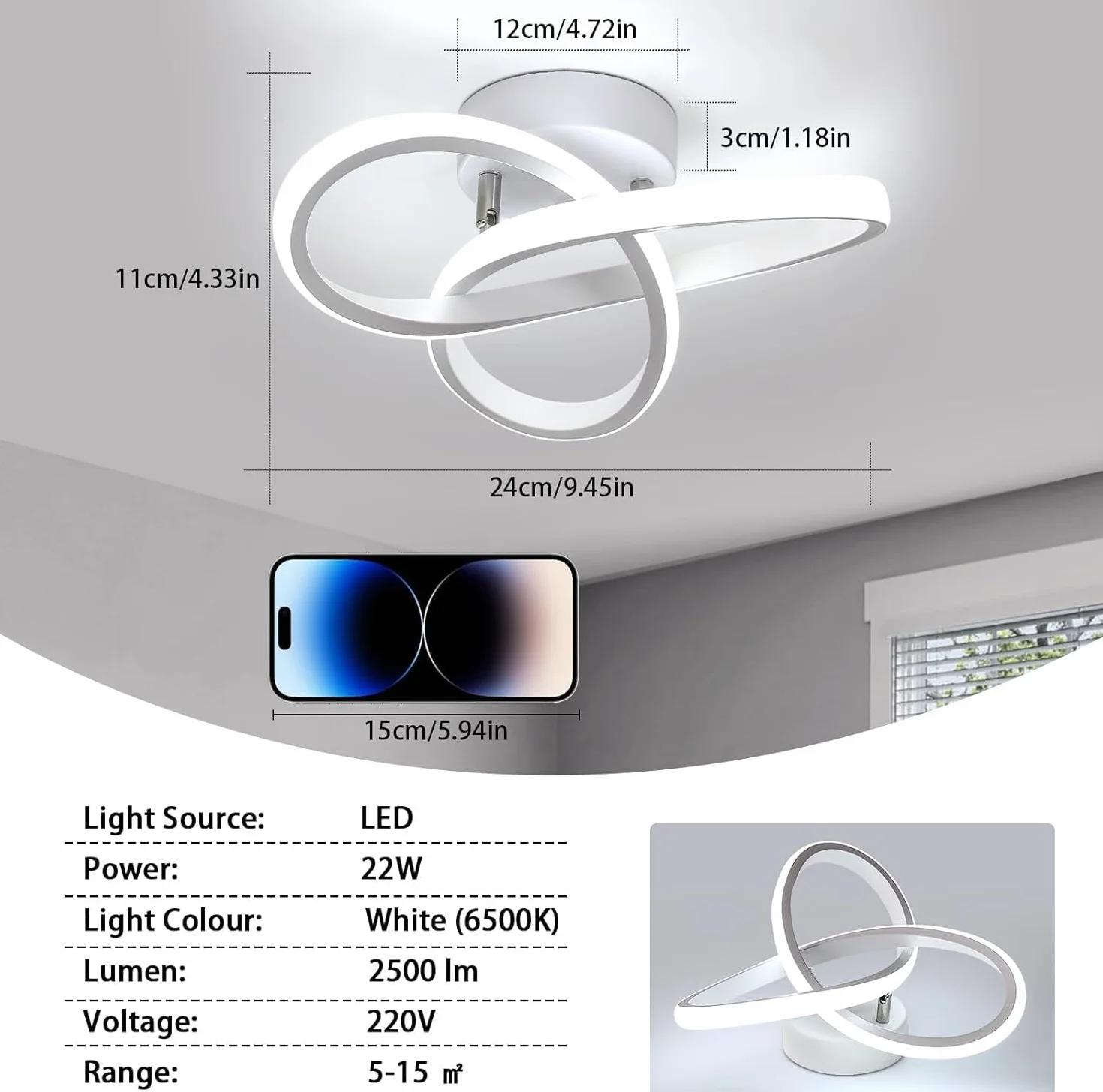 Lampa sufitowa LED 22W 2500lm 6500K chłodna biel 24x11 cm kwiat do sypialni salonu