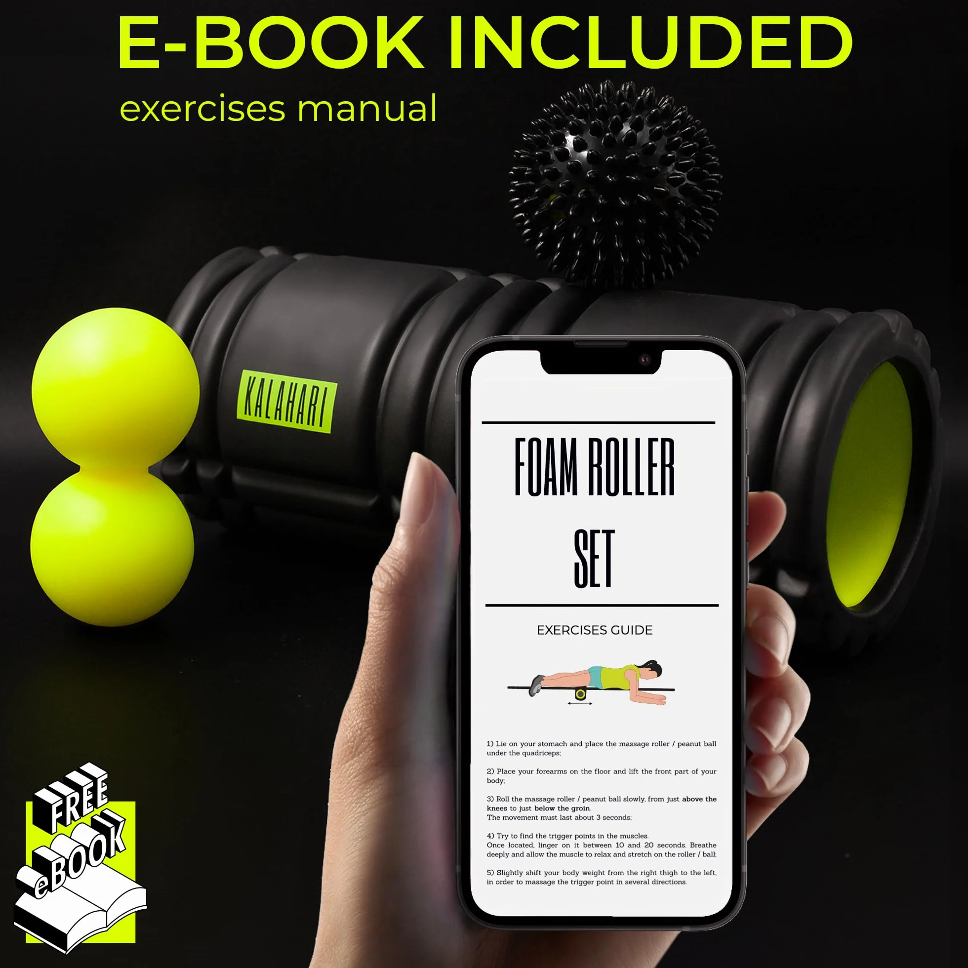 KALAHARI Zestaw Foam Roller 3 w 1 plus Ebook z ćwiczeniami - Wałek do masażu powięzi, Podwójna Piłka, Piłka z kolcami Jeż i wygodna Torba - Terapia Punktów Spustowych i Masaż Mięśniowo-Powięziowy