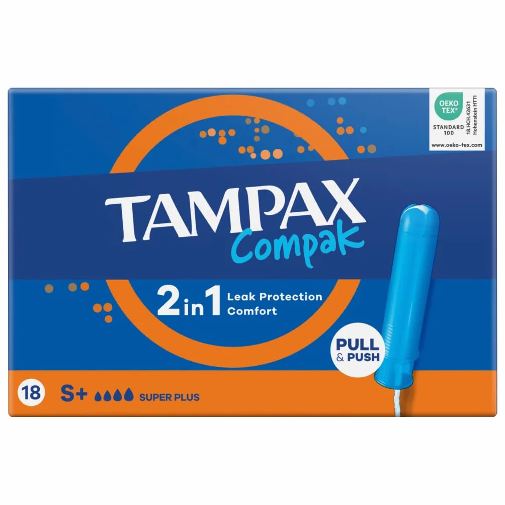 Tampax Compak Tampony, Super Plus z aplikatorem, 18 tamponów, ochrona przed wyciekiem i dyskrecja, super chłonne