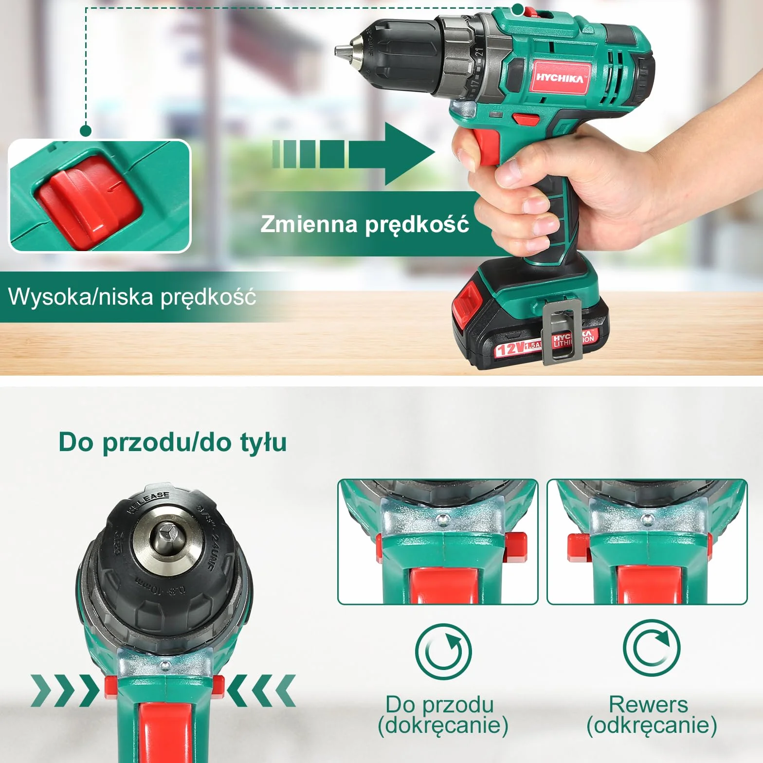 Wiertarka Akumulatorowa 12V, Hychika Wiertarka Elektryczna 30N-M Max Moment Obrotowy Z Akumulatorem 1500Mah, 21+1 regulacji prędkości, 2 regulacje prędkości, 27 akcesoriów, dioda LED
